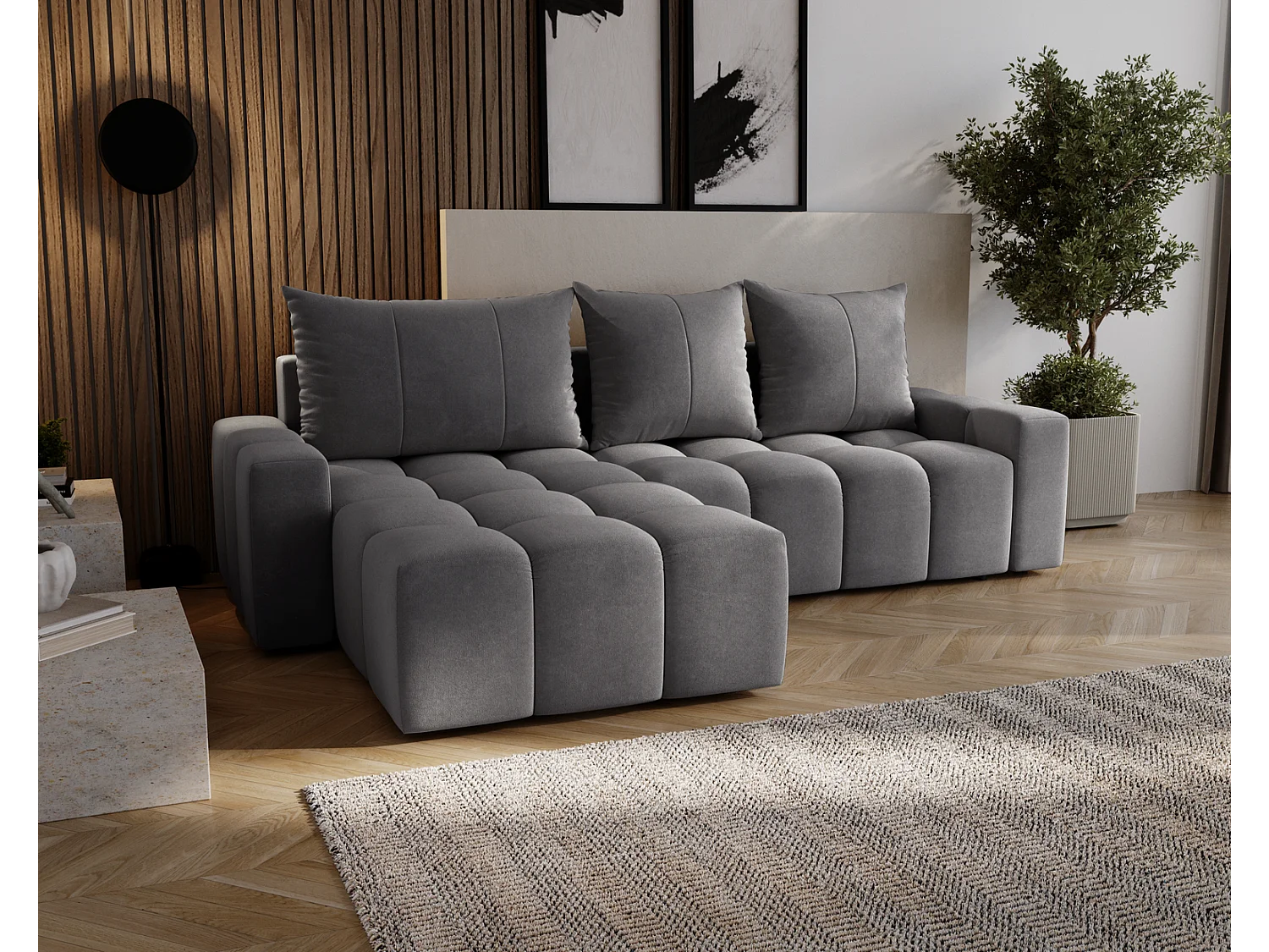 Emporius Wilson Canapé d'angle - Tissu Velours, Canapé 255 cm Convertible, Gauche - Gris foncé (Amor Velvet 4321)