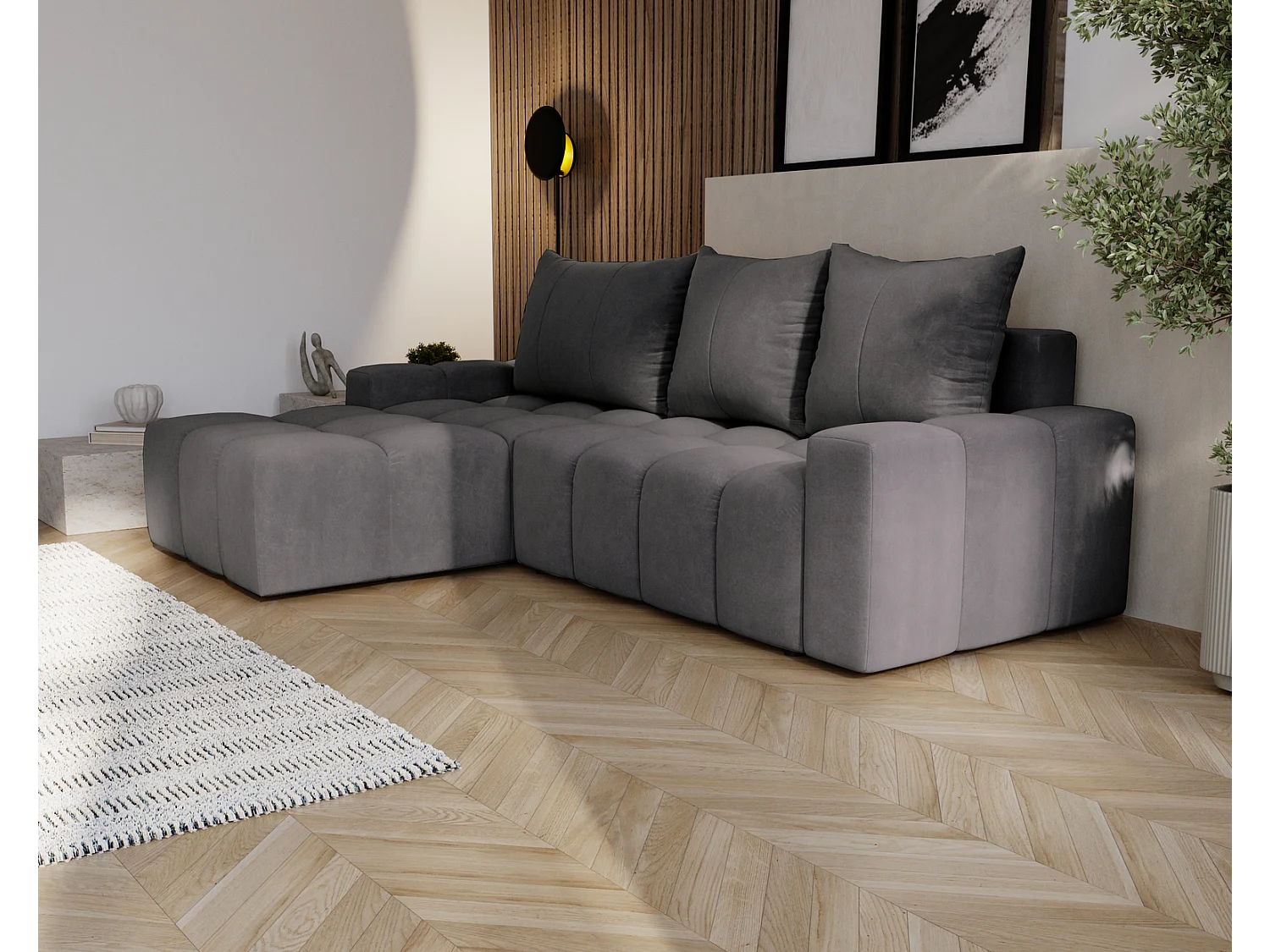 Emporius Wilson Canapé d'angle - Tissu Velours, Canapé 255 cm Convertible, Gauche - Gris foncé (Amor Velvet 4321)