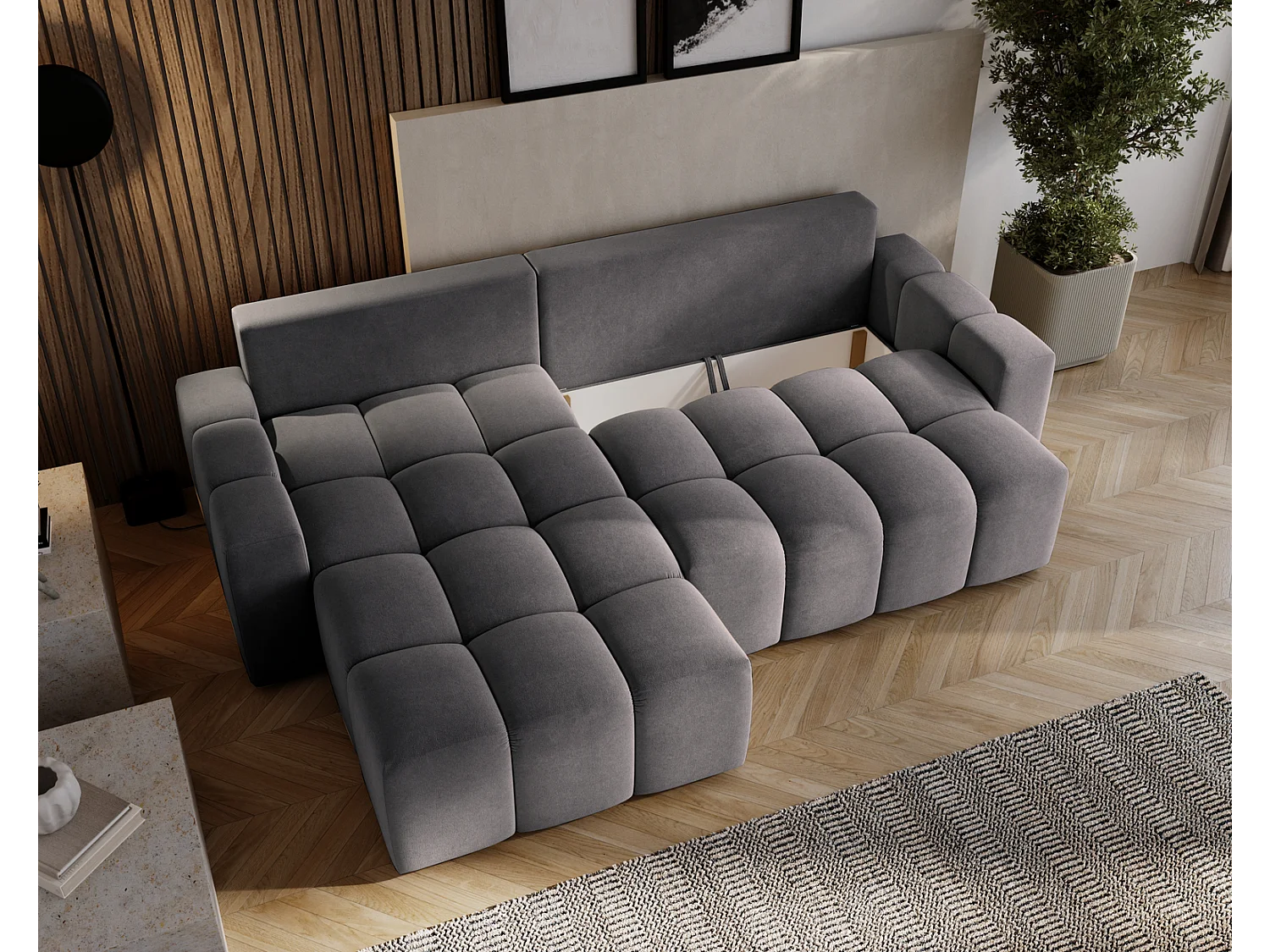 Emporius Wilson Canapé d'angle - Tissu Velours, Canapé 255 cm Convertible, Gauche - Gris foncé (Amor Velvet 4321)