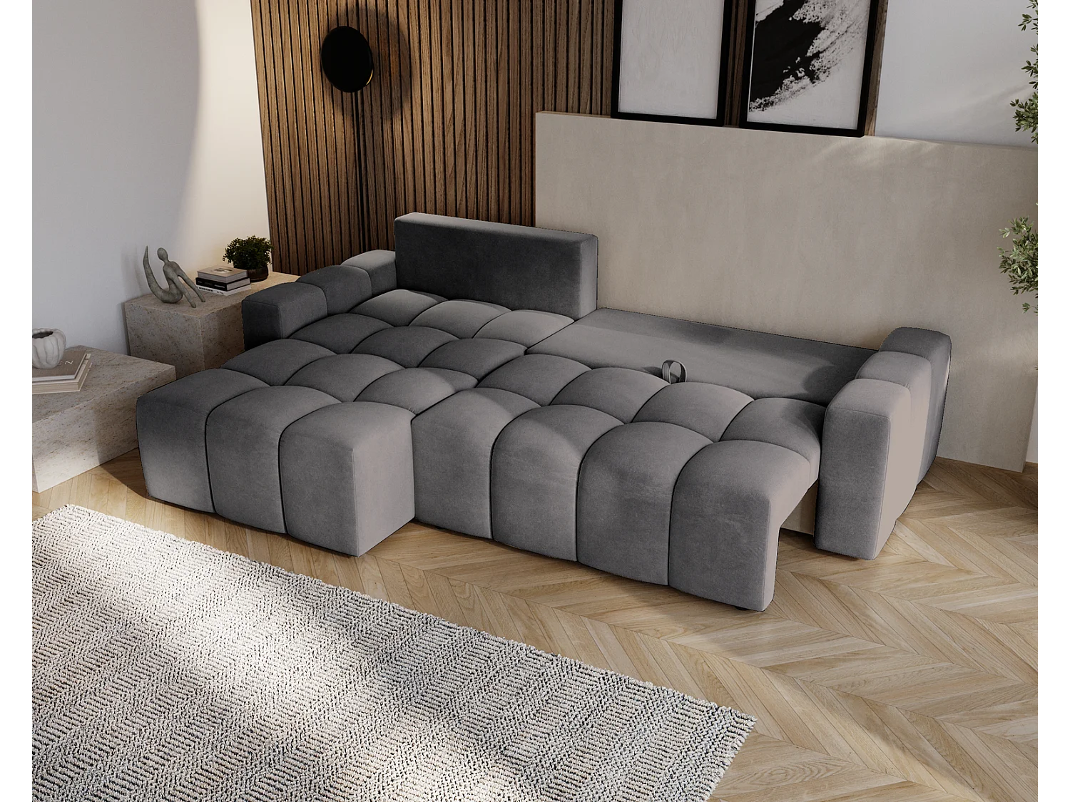 Emporius Wilson Canapé d'angle - Tissu Velours, Canapé 255 cm Convertible, Gauche - Gris foncé (Amor Velvet 4321)