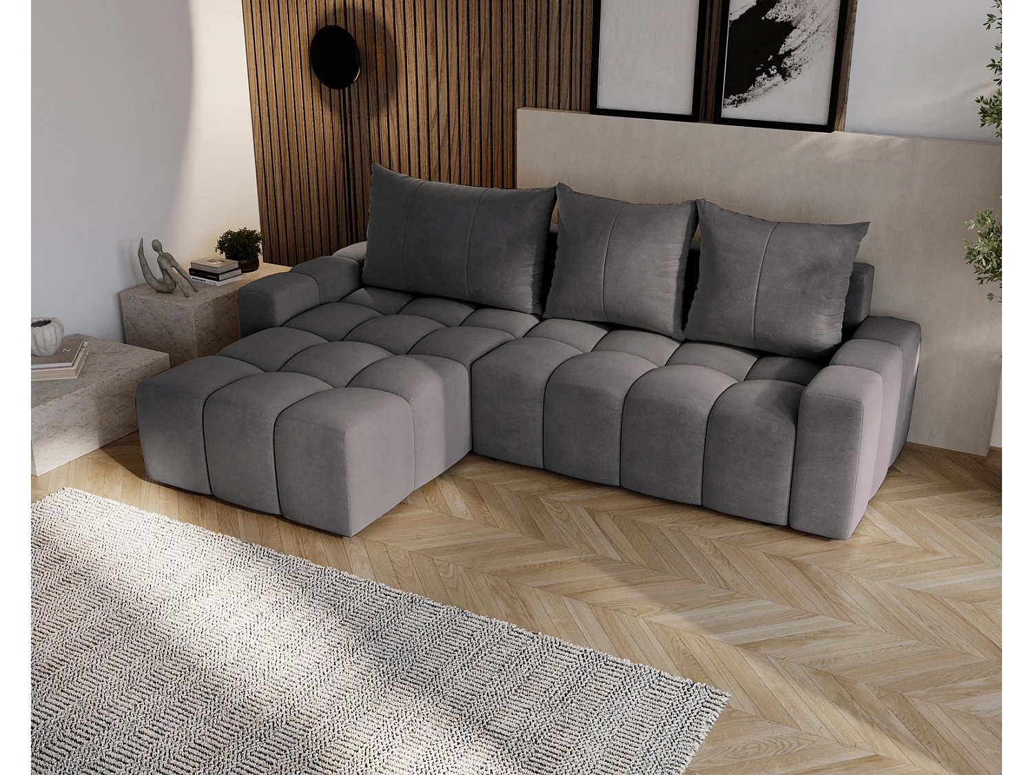 Canapé d'angle convertible Wilson, 255 cm, tissu velours, gauche, gris foncé