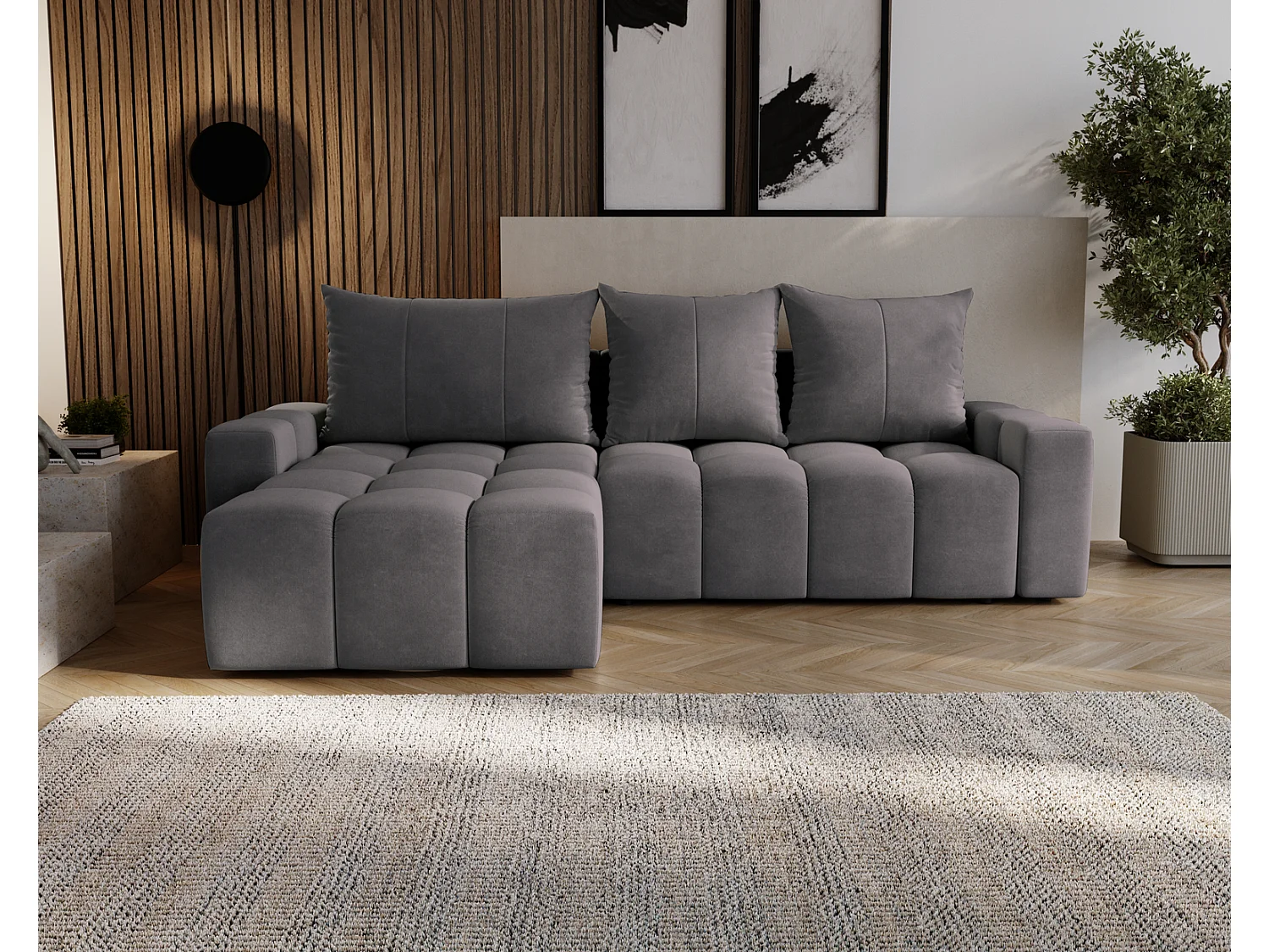 Canapé d'angle convertible Wilson, 255 cm, tissu velours, gauche, gris foncé