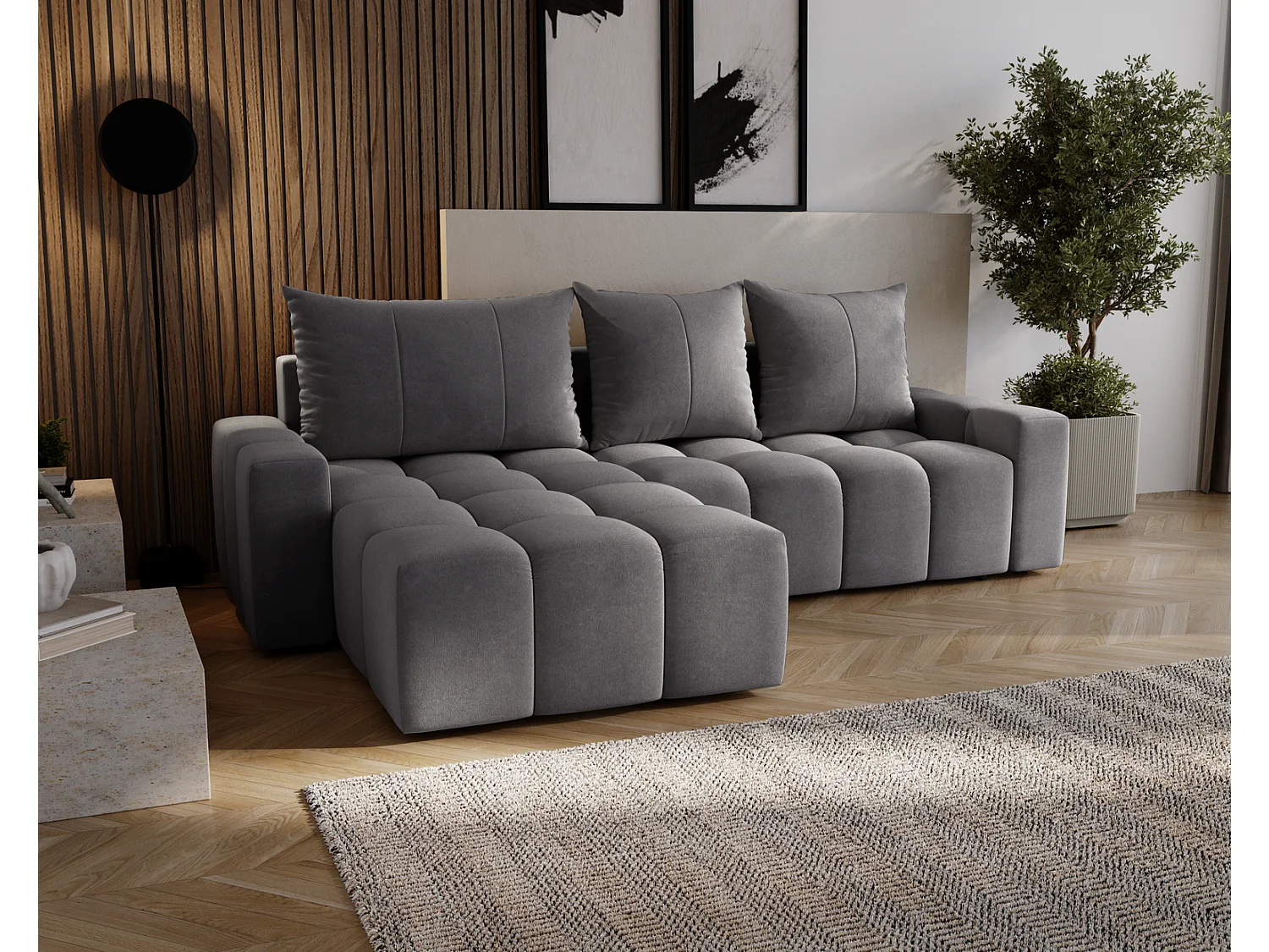 Canapé d'angle convertible Wilson, 255 cm, tissu velours, gauche, gris foncé