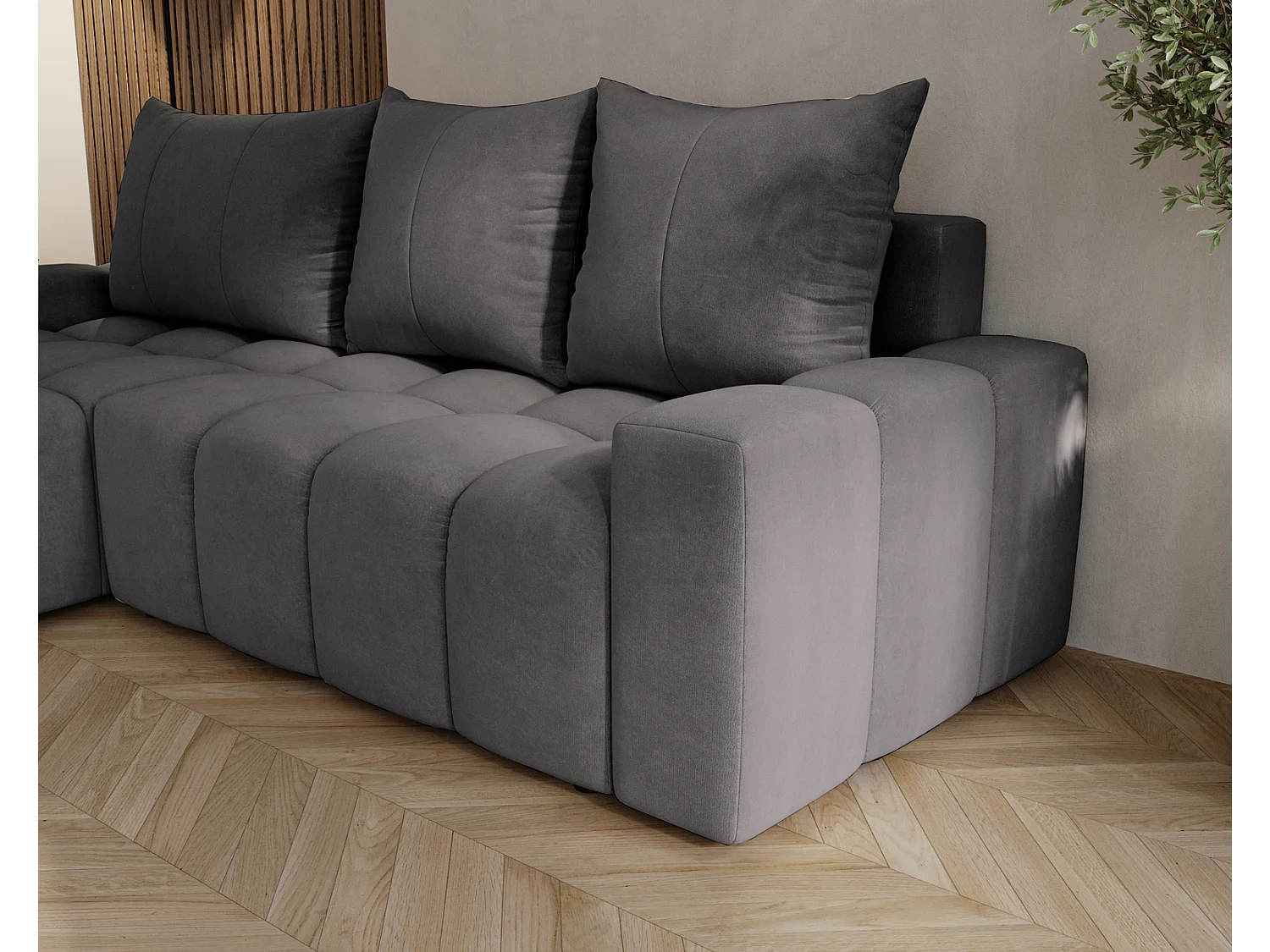 Canapé d'angle convertible Wilson, 255 cm, tissu velours, gauche, gris foncé
