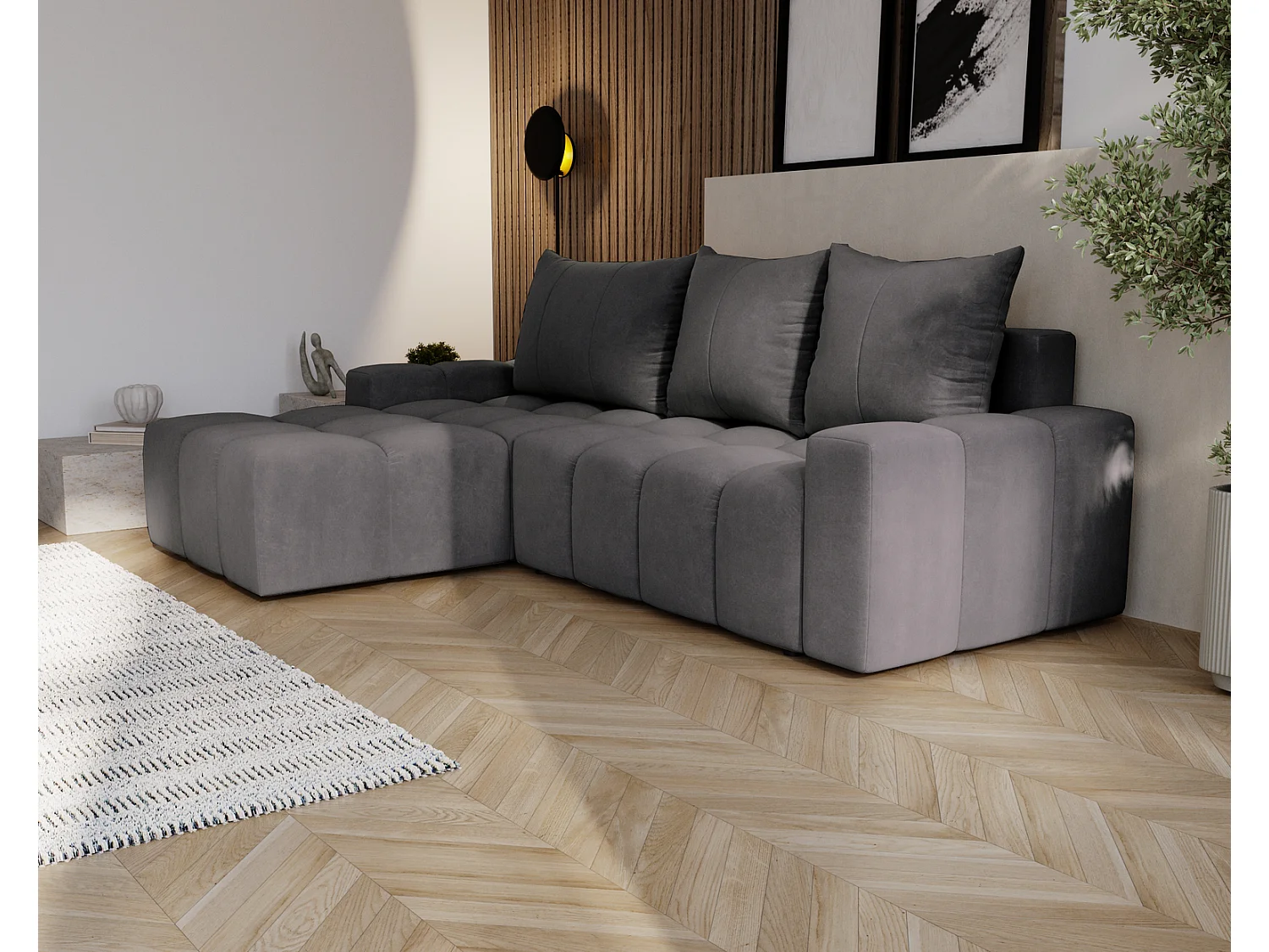 Canapé d'angle convertible Wilson, 255 cm, tissu velours, gauche, gris foncé