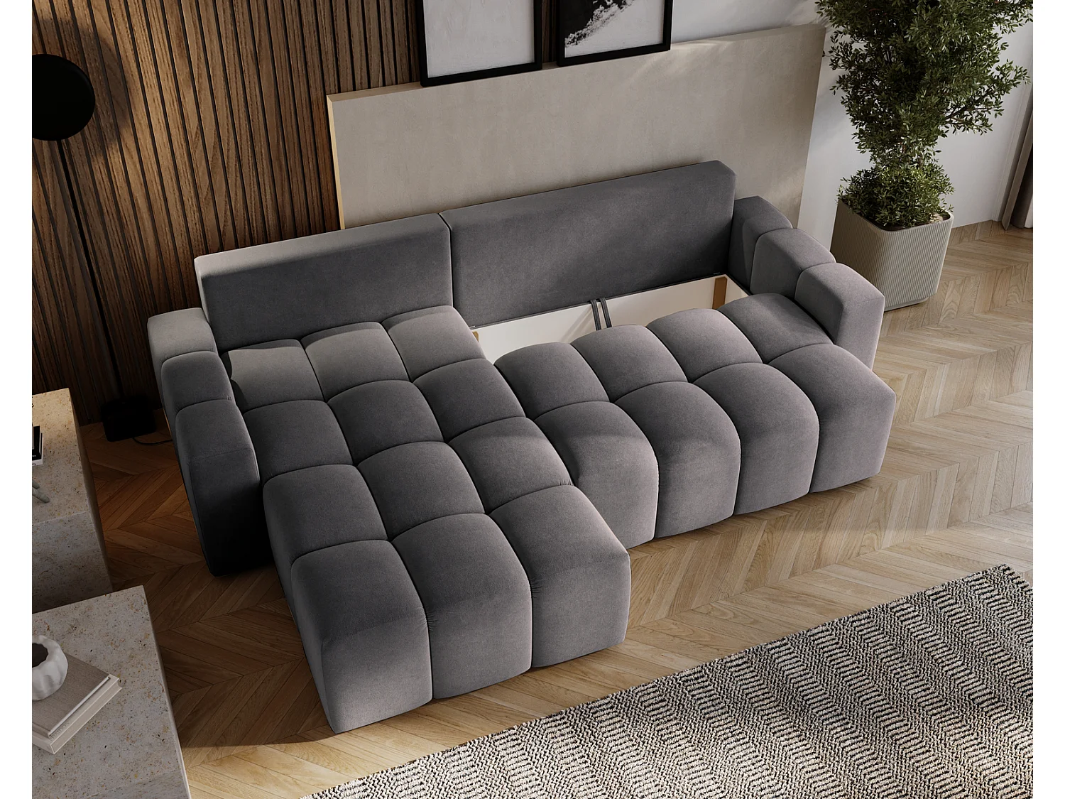 Canapé d'angle convertible Wilson, 255 cm, tissu velours, gauche, gris foncé