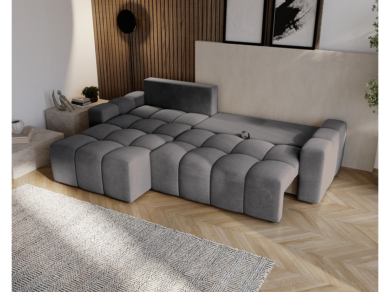 Canapé d'angle convertible Wilson, 255 cm, tissu velours, gauche, gris foncé