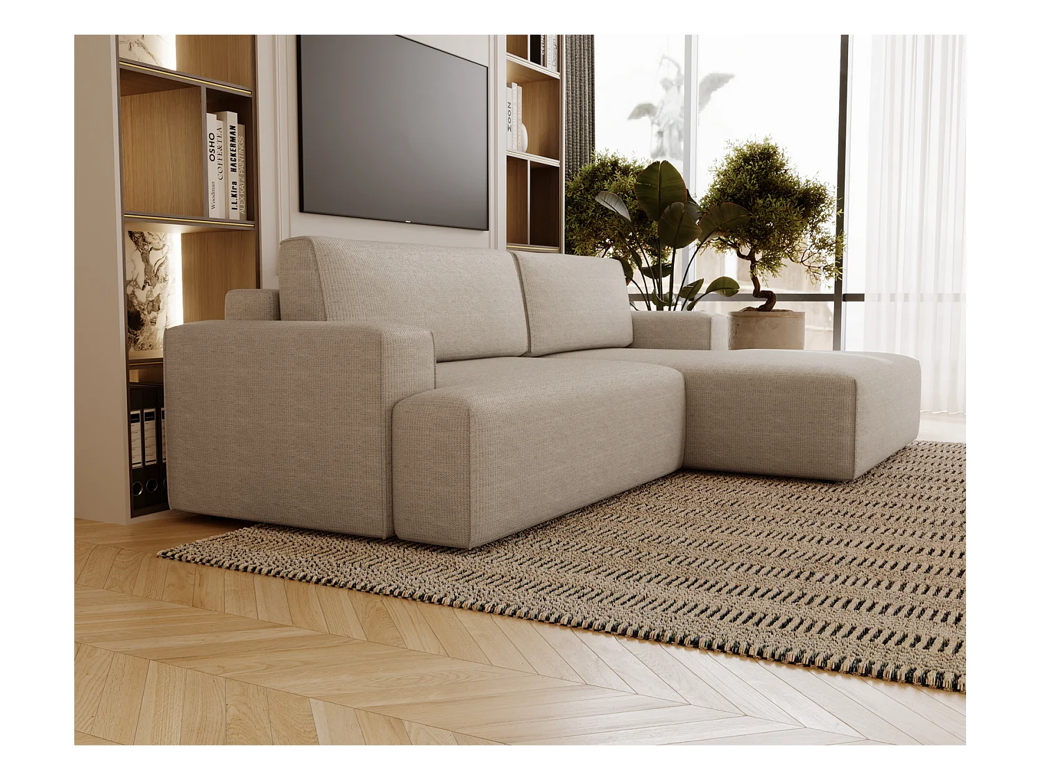 Emporius Boston narożnik rozkładany do salonu - sofa z funkcją spania, mały narożnik, pojemnik na pościel, prawostronny - narożnik beżowy (Memphis 3)