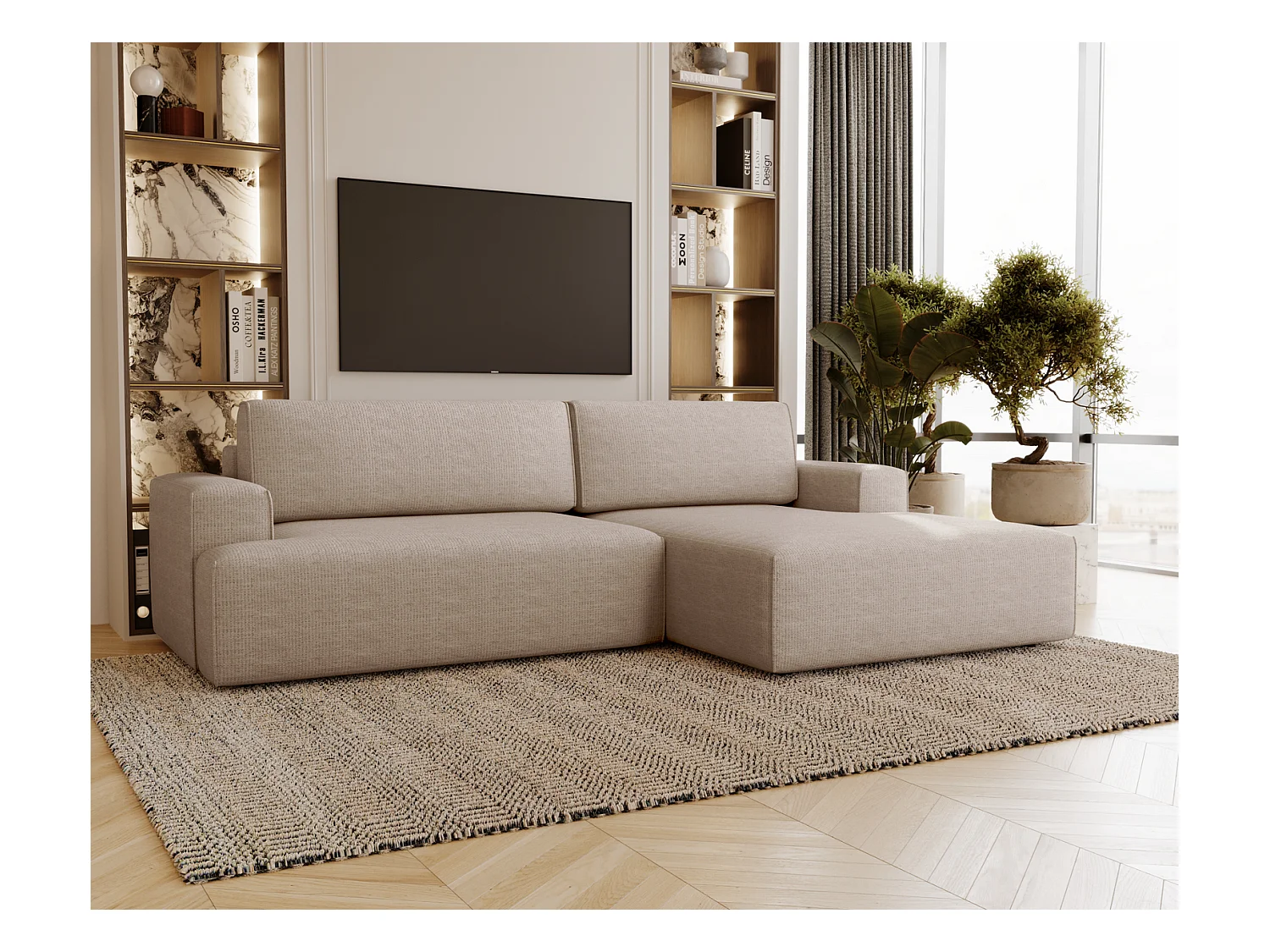 Emporius Boston Canapé d'Angle Convertible 270 cm - Canapé-lit, Sofa avec Rangement, 4 Places - Canapé d'Angle Forme L, Droite, Beige (Memphis 3)