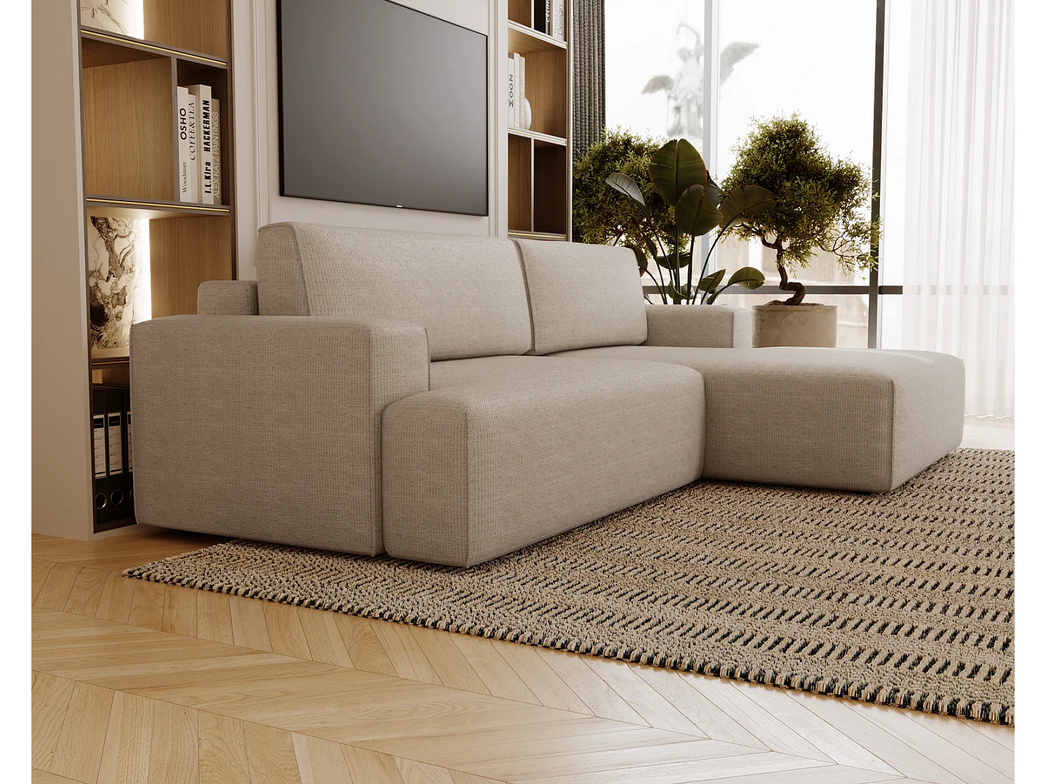 Emporius Boston Hoekbank L-Vorm - bank met slaapfunctie et bedlade - slaapbank 270 cm, rechts, beige (Memphis 3)