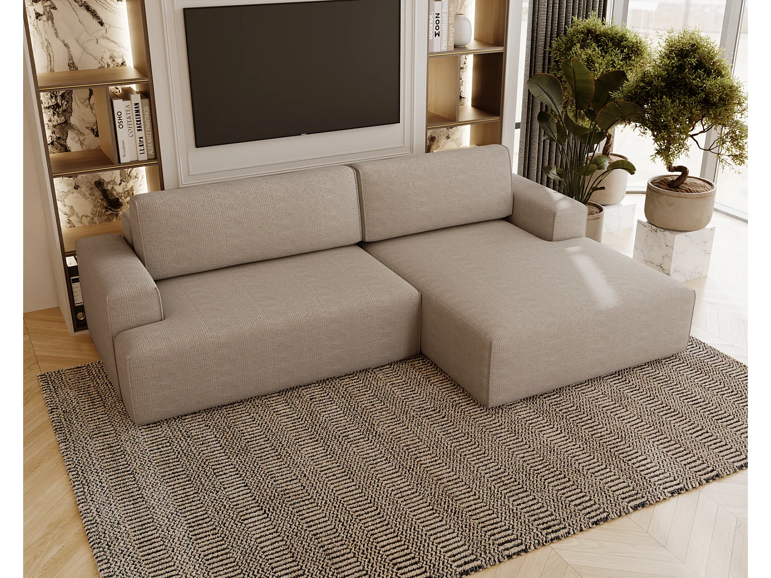 Canapé d'angle convertible Boston, canapé-lit 270 cm avec coffre de rangement, 4 places, droit, beige