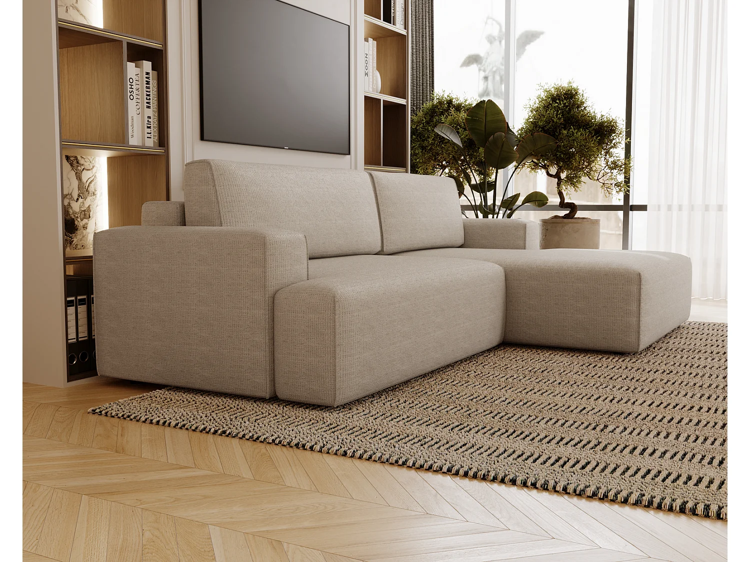 Canapé d'angle convertible Boston, canapé-lit 270 cm avec coffre de rangement, 4 places, droit, beige