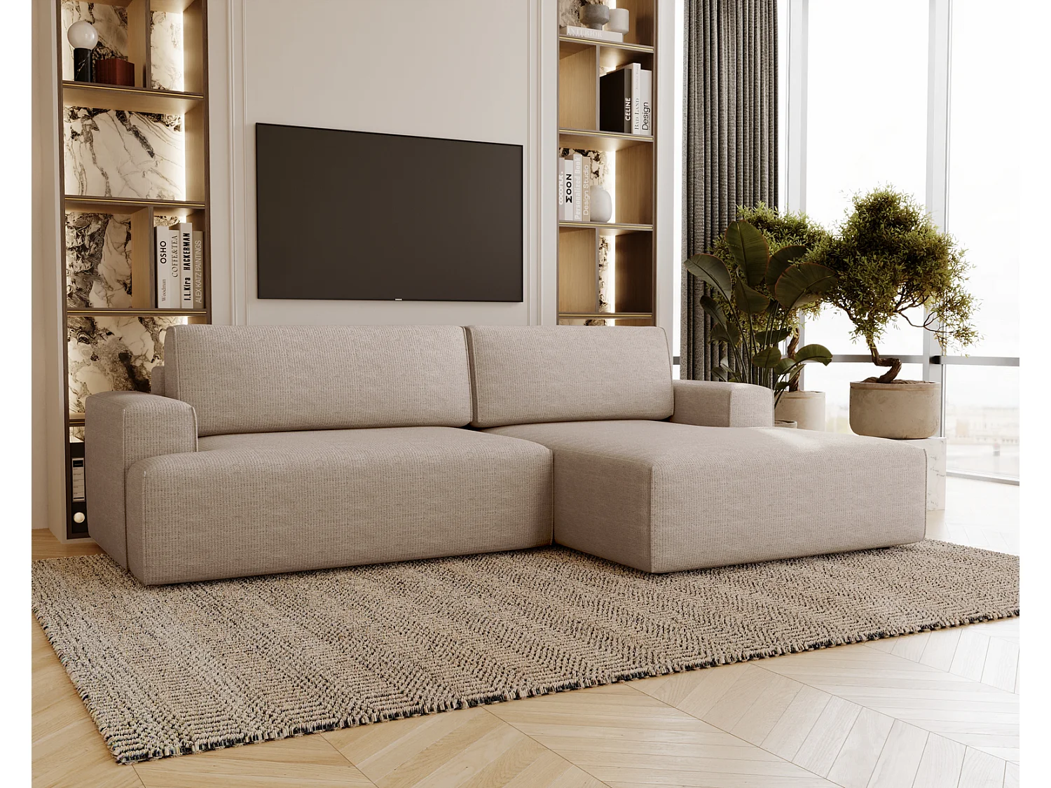 Canapé d'angle convertible Boston, canapé-lit 270 cm avec coffre de rangement, 4 places, droit, beige