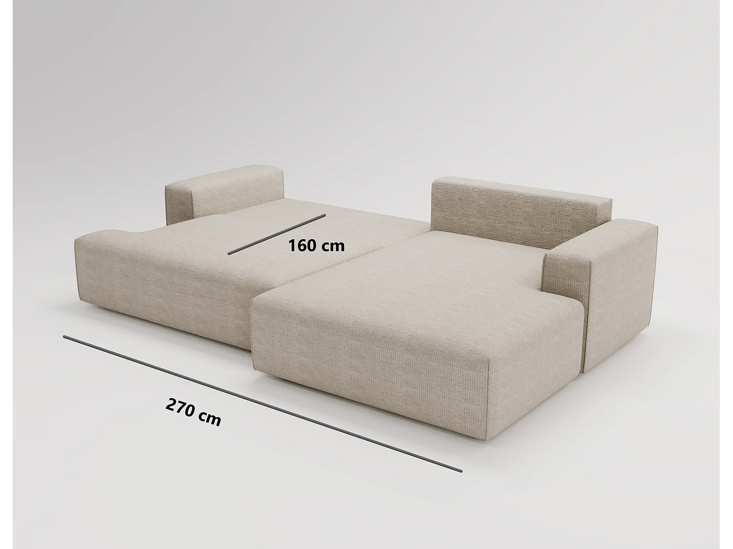 Canapé d'angle convertible Boston, canapé-lit 270 cm avec coffre de rangement, 4 places, droit, beige