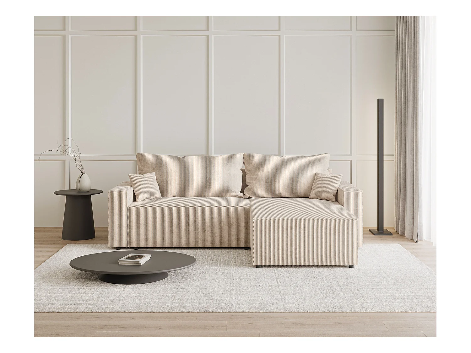 Emporius Lugo Hoekbank 250 cm - L-Vorm, sofa met slaapfunctie, rechts, ribfluweel Beige (LincolnD 4)