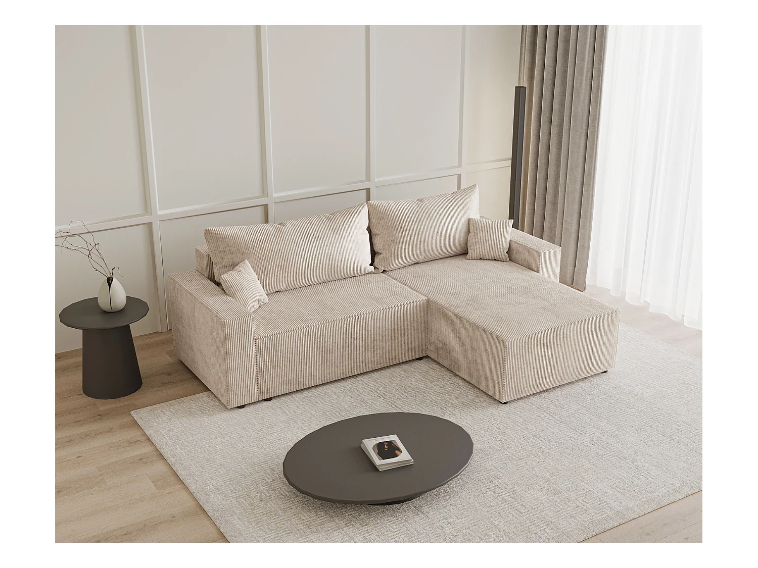 Emporius Lugo Hoekbank 250 cm - L-Vorm, sofa met slaapfunctie, rechts, ribfluweel Beige (LincolnD 4)