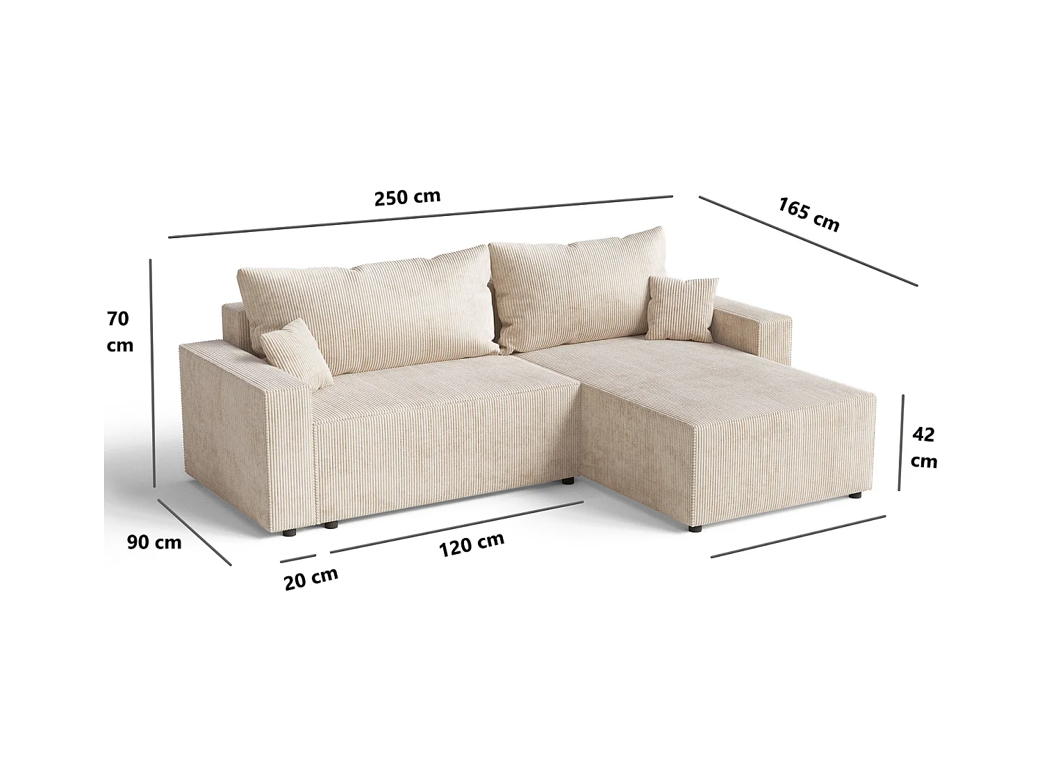Emporius Lugo Hoekbank 250 cm - L-Vorm, sofa met slaapfunctie, rechts, ribfluweel Beige (LincolnD 4)