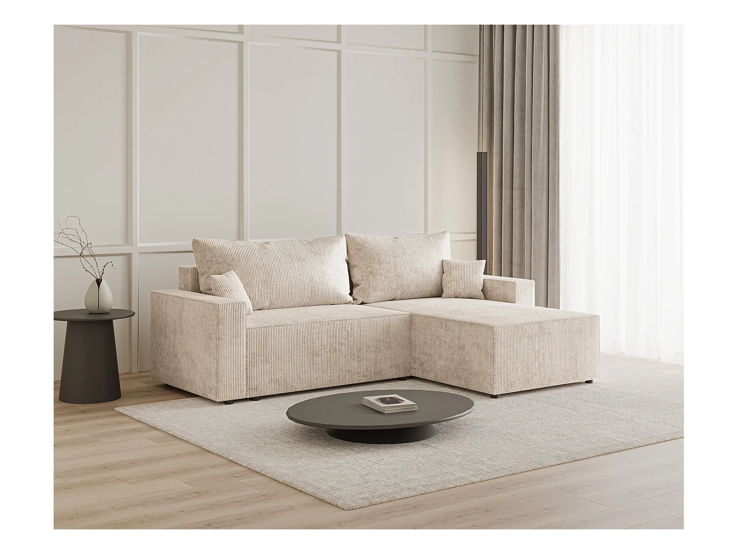 Emporius Lugo Canapé d'angle Convertible - Tissu Velours Côtelé, Canapé d'angle avec Rangement - Droite, Beige (LincolD 4)