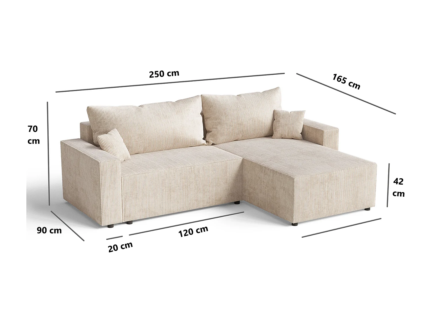 Emporius Lugo Canapé d'angle Convertible - Tissu Velours Côtelé, Canapé d'angle avec Rangement - Droite, Beige (LincolD 4)