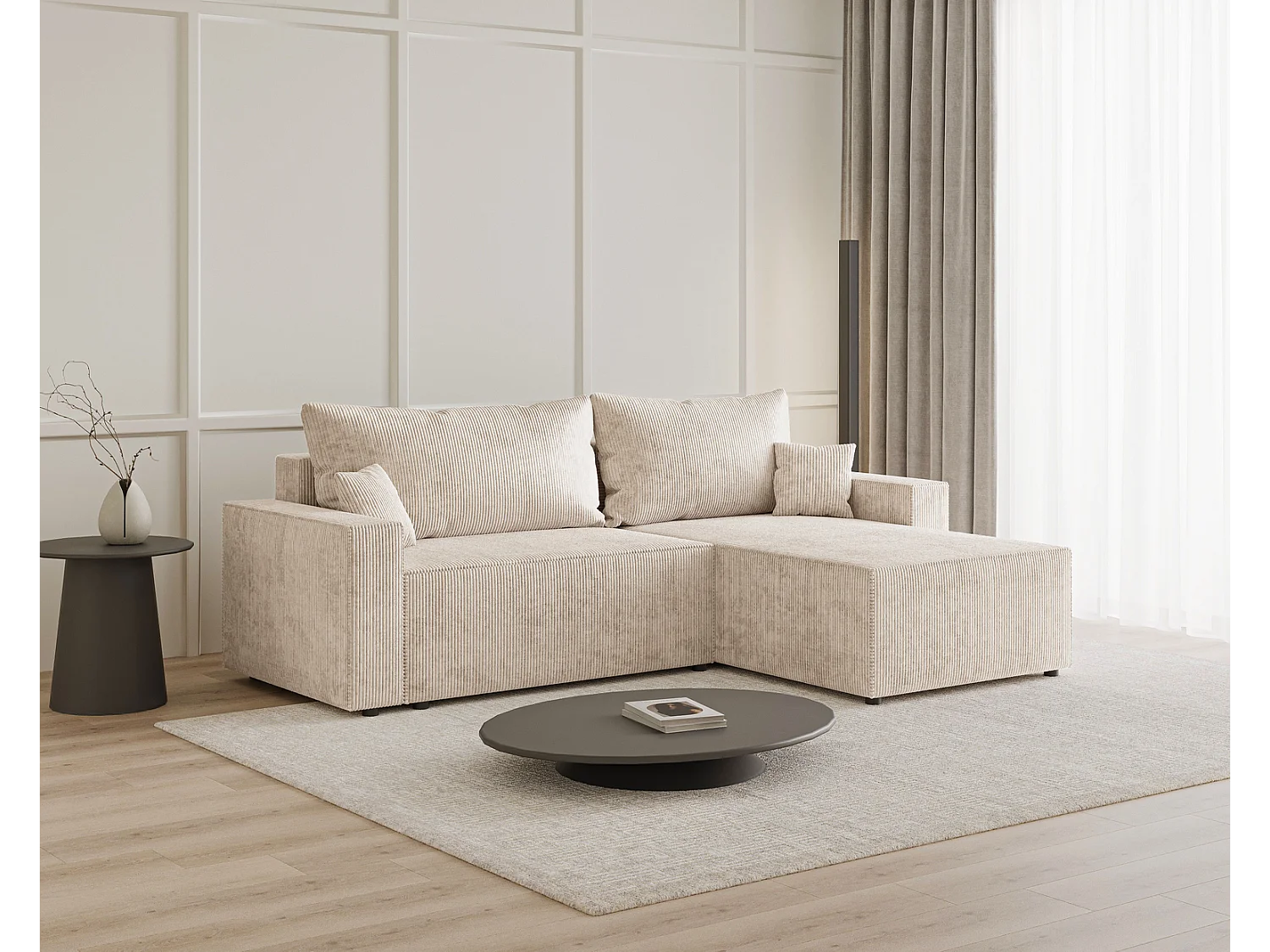 Emporius Lugo Hoekbank 250 cm - L-Vorm, sofa met slaapfunctie, rechts, ribfluweel Beige (LincolnD 4)