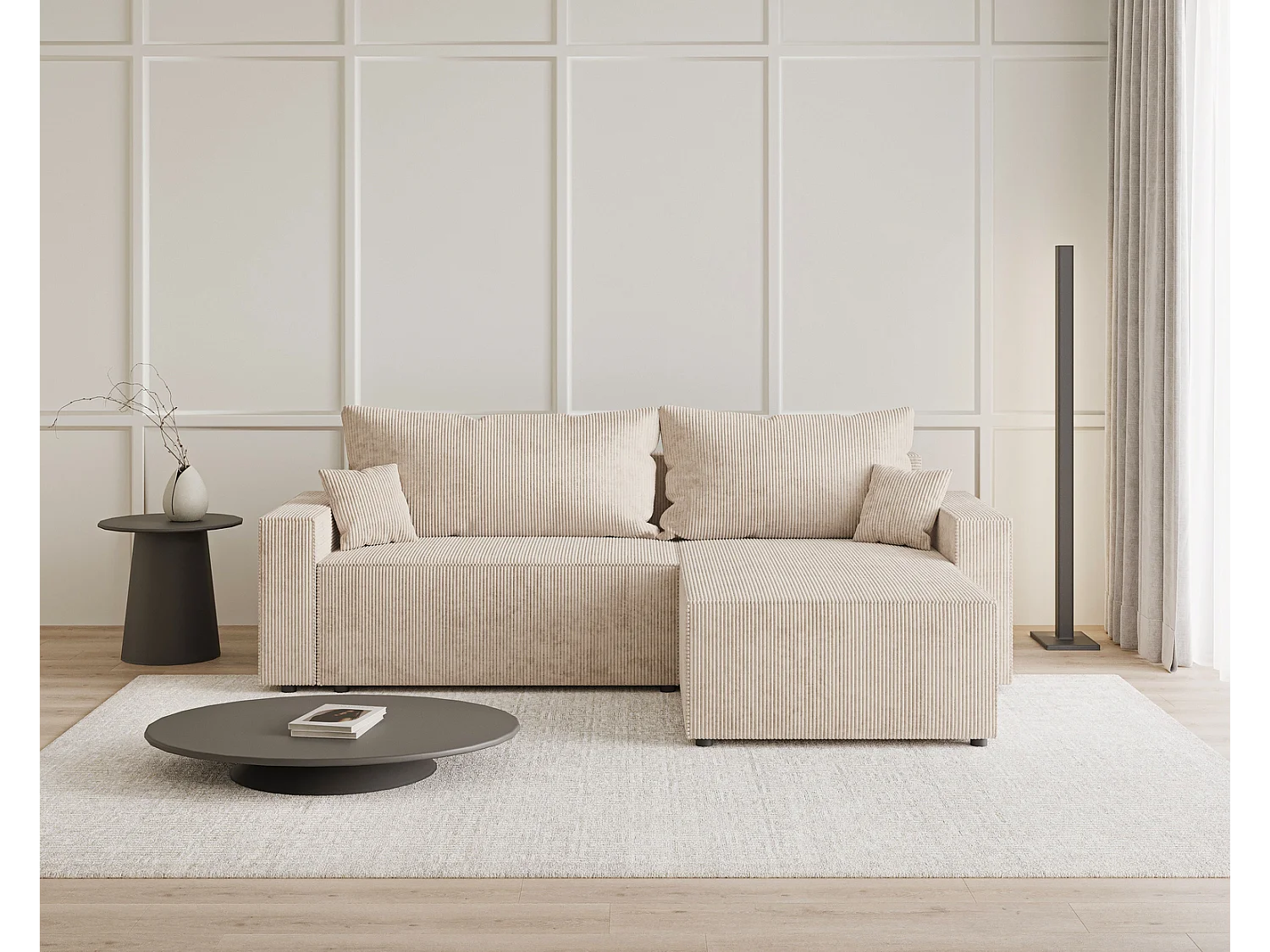 Emporius Lugo Hoekbank 250 cm - L-Vorm, sofa met slaapfunctie, rechts, ribfluweel Beige (LincolnD 4)