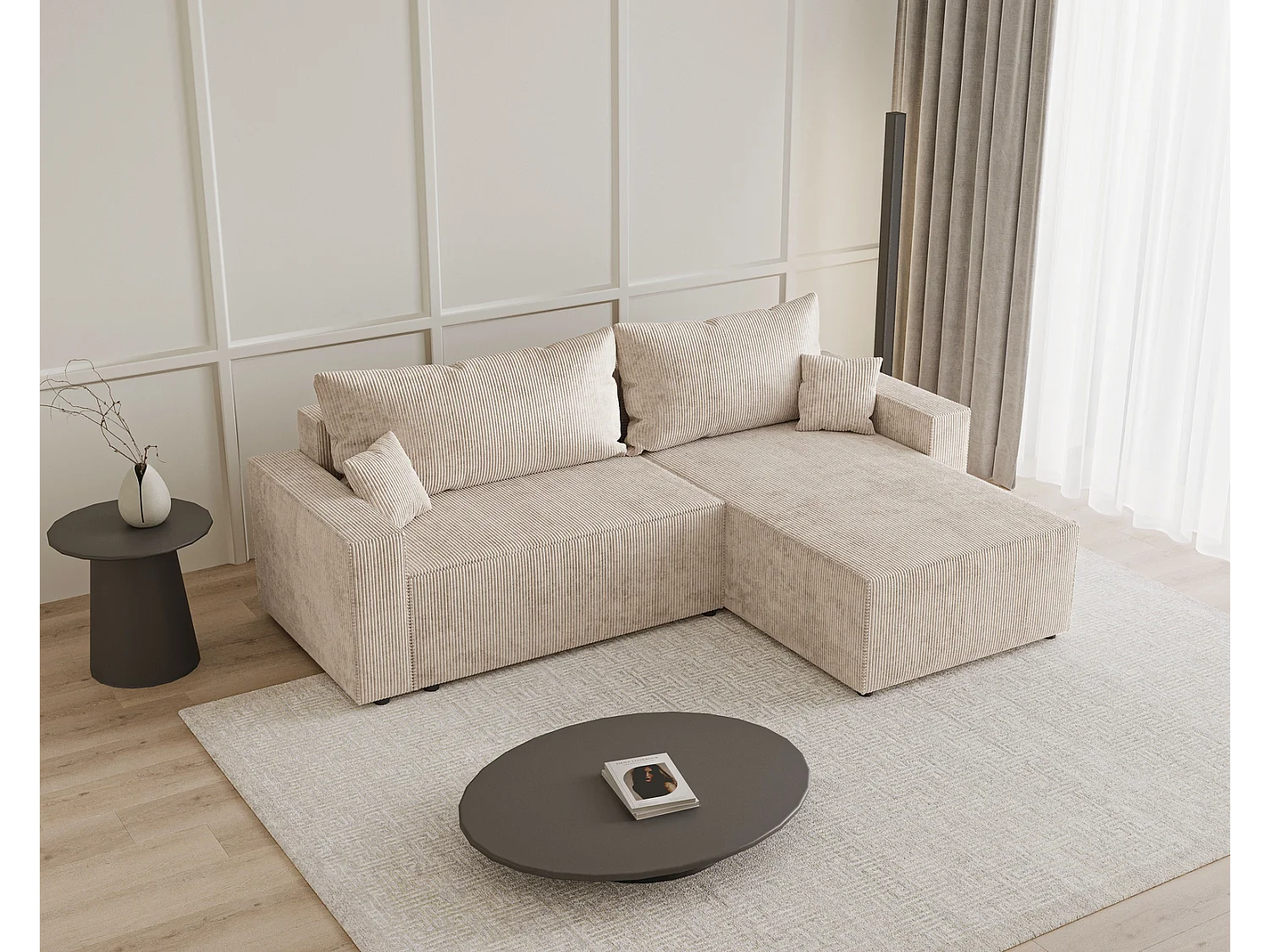 Emporius Lugo Hoekbank 250 cm - L-Vorm, sofa met slaapfunctie, rechts, ribfluweel Beige (LincolnD 4)