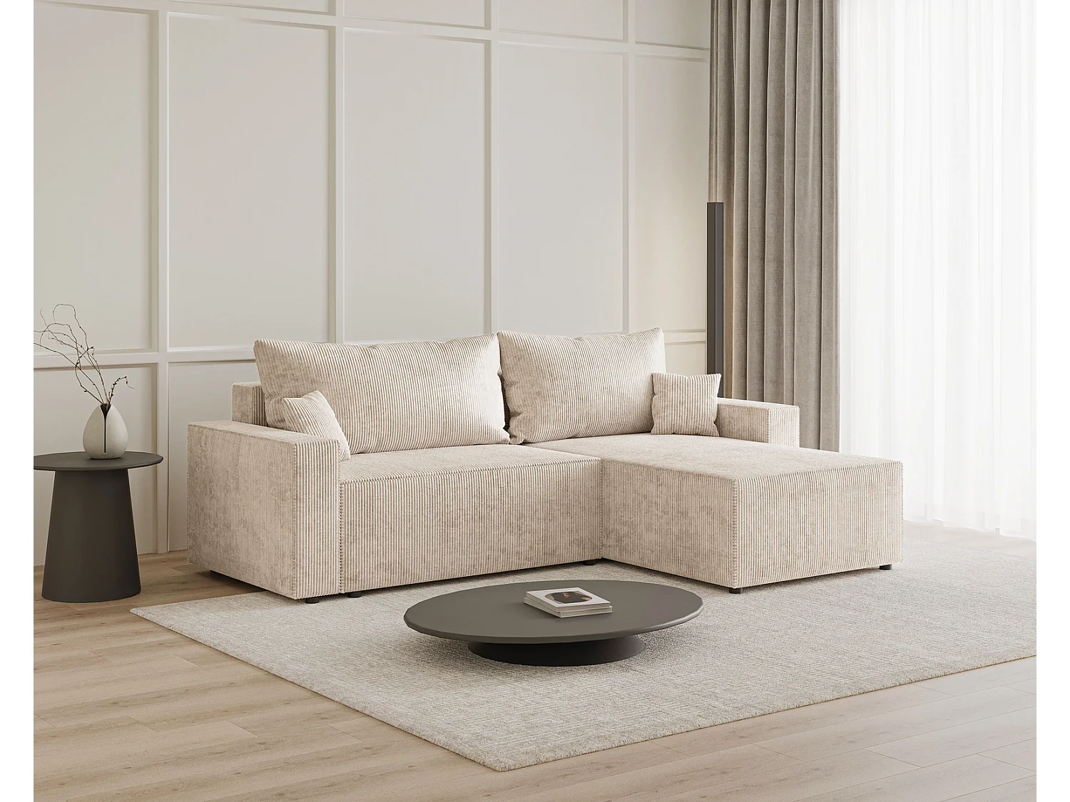 Hoekbank met slaapfunctie Lugo 250 cm, L-vorm, sofa, rechts, ribfluweel beige