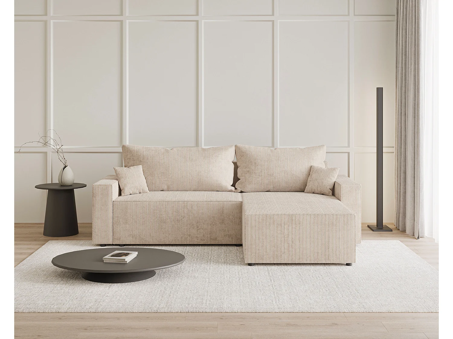 Hoekbank met slaapfunctie Lugo 250 cm, L-vorm, sofa, rechts, ribfluweel beige