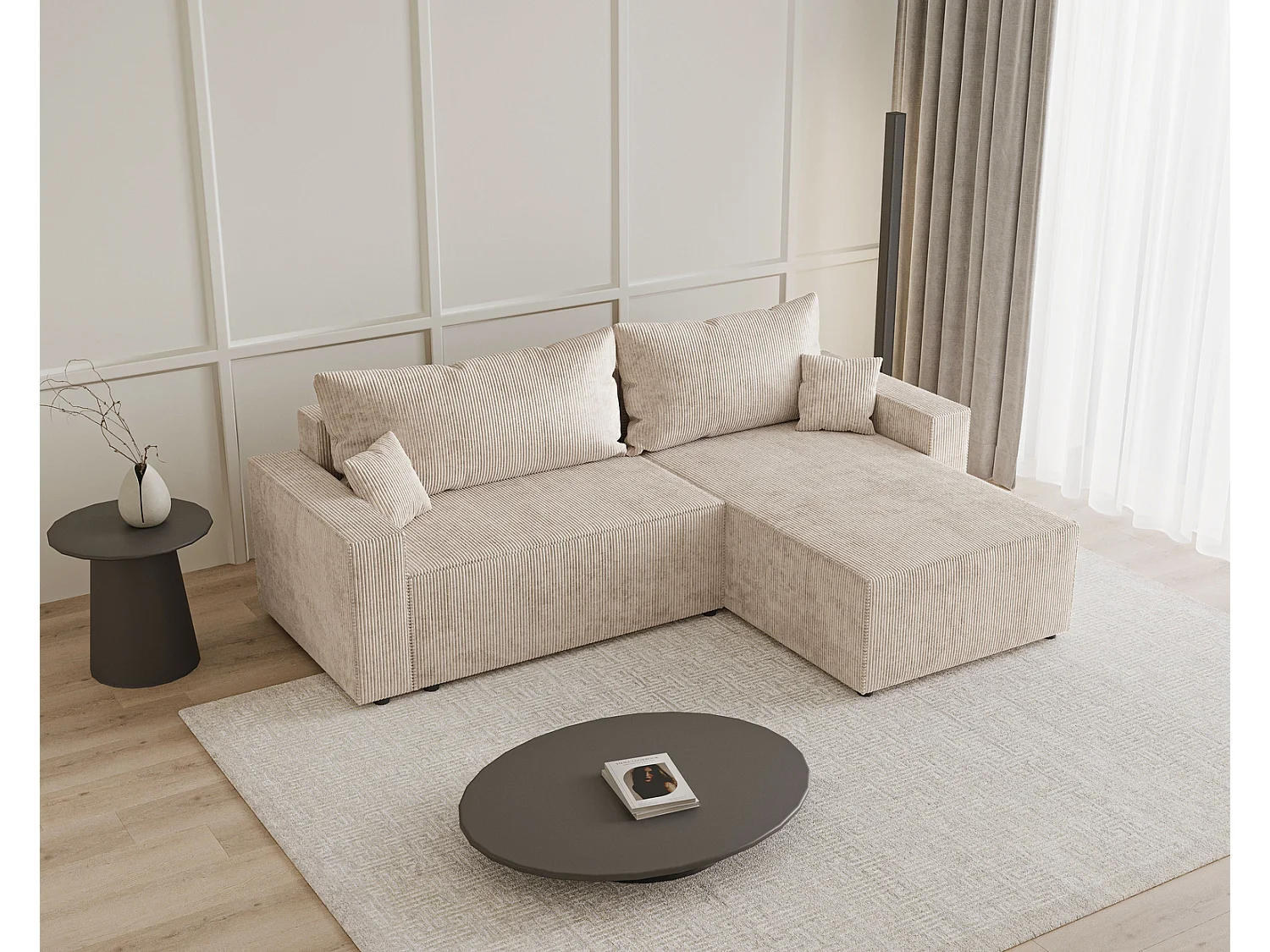 Hoekbank met slaapfunctie Lugo 250 cm, L-vorm, sofa, rechts, ribfluweel beige