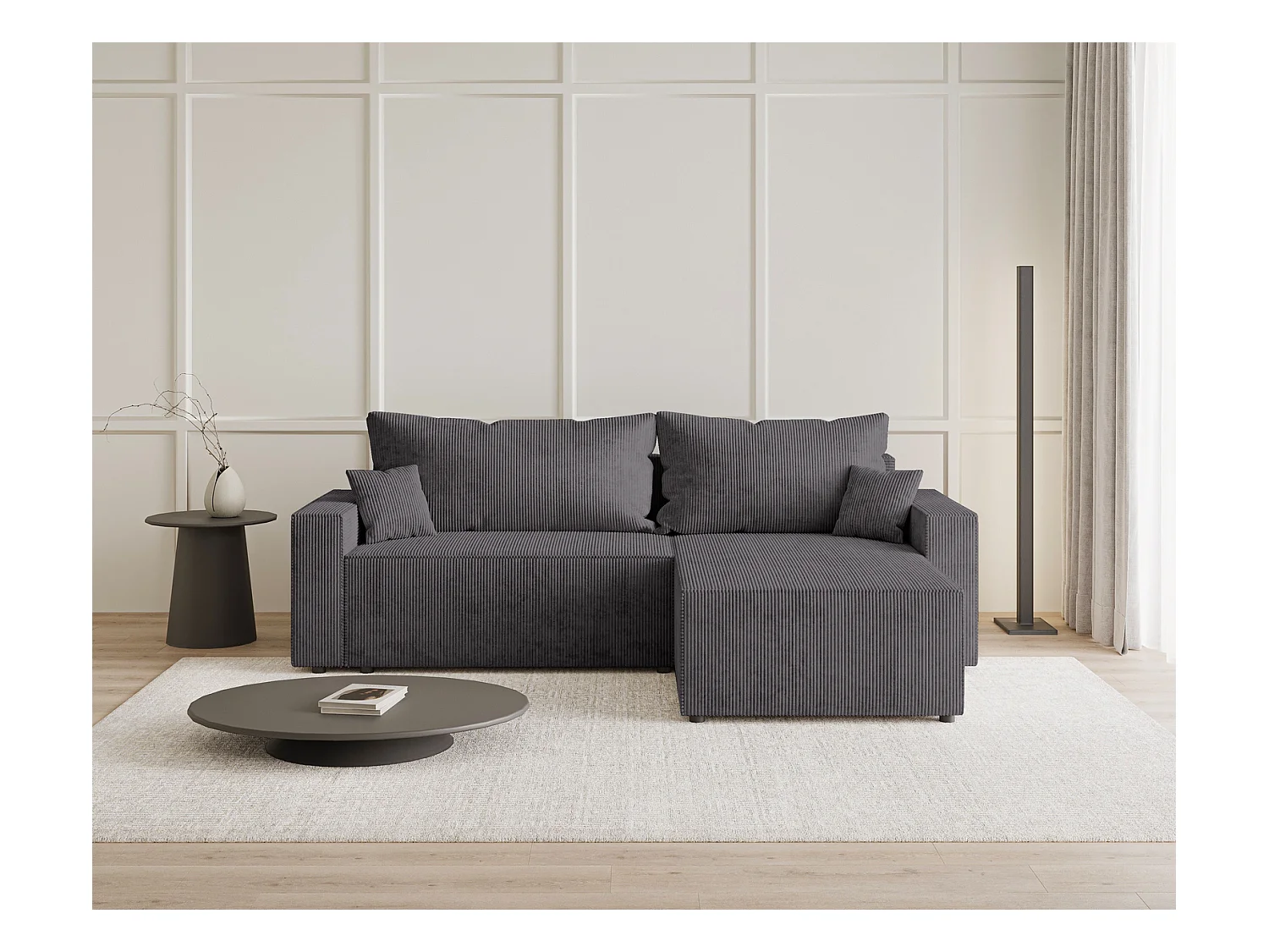 Emporius Lugo Canapé d'angle Convertible - Tissu Velours Côtelé, Canapé d'angle avec Rangement - Droite, Gris (LincolD 96)