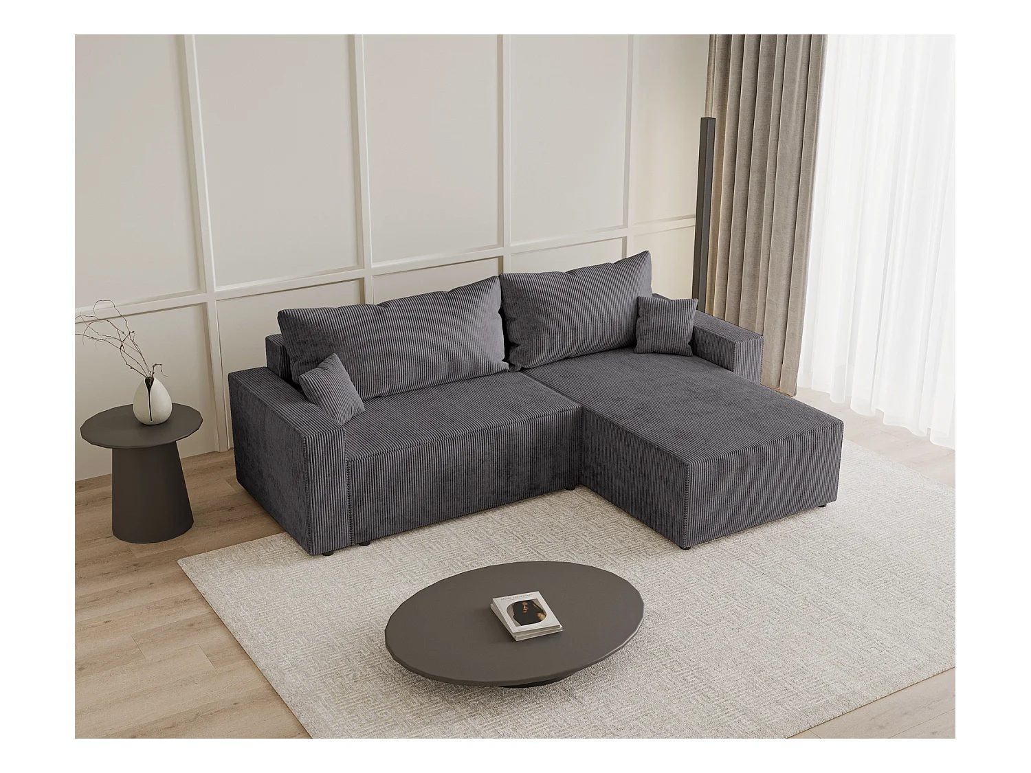 Emporius Lugo Canapé d'angle Convertible - Tissu Velours Côtelé, Canapé d'angle avec Rangement - Droite, Gris (LincolD 96)