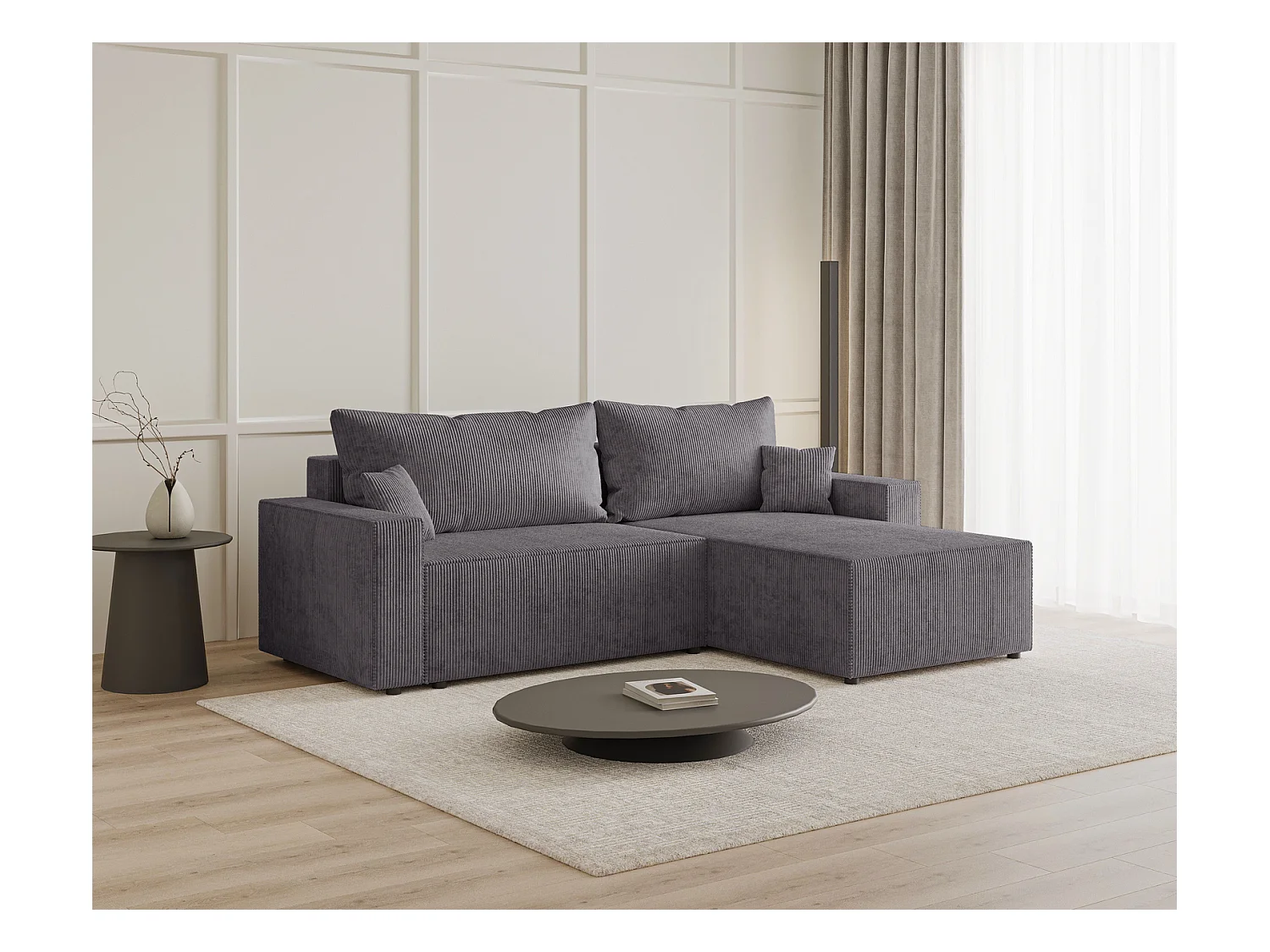 Emporius Lugo Canapé d'angle Convertible - Tissu Velours Côtelé, Canapé d'angle avec Rangement - Droite, Gris (LincolD 96)