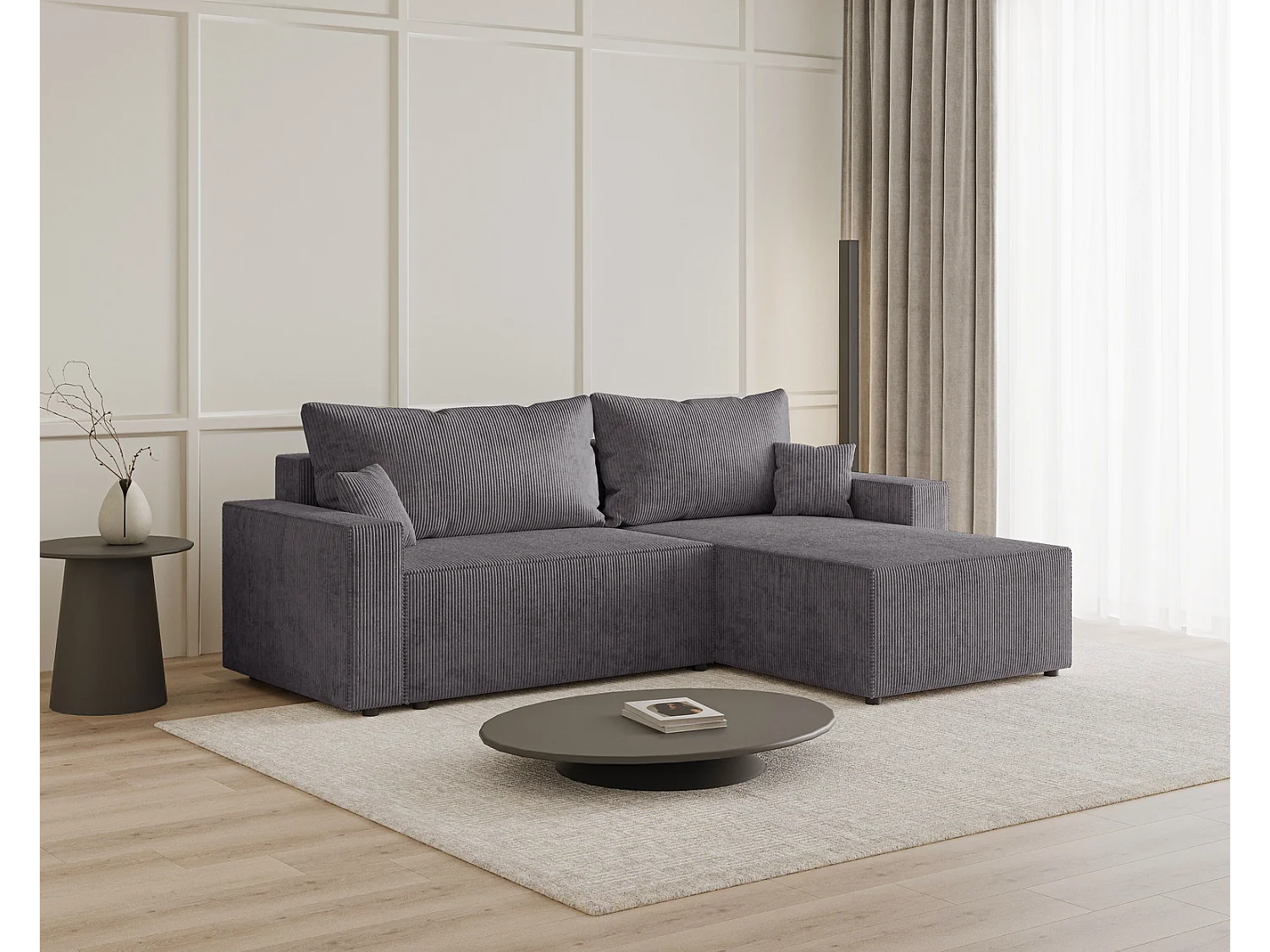 Emporius Lugo Hoekbank 250 cm - L-Vorm, sofa met slaapfunctie, rechts, ribfluweel Grijs (LincolnD 96)