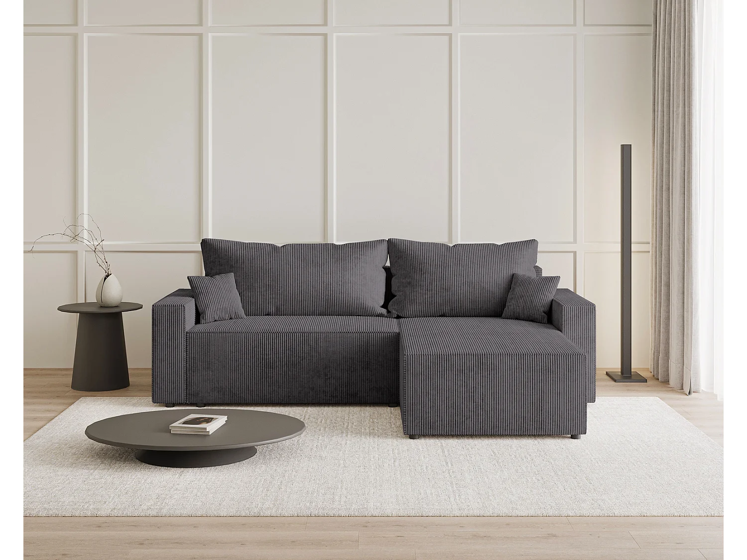 Emporius Lugo Hoekbank 250 cm - L-Vorm, sofa met slaapfunctie, rechts, ribfluweel Grijs (LincolnD 96)