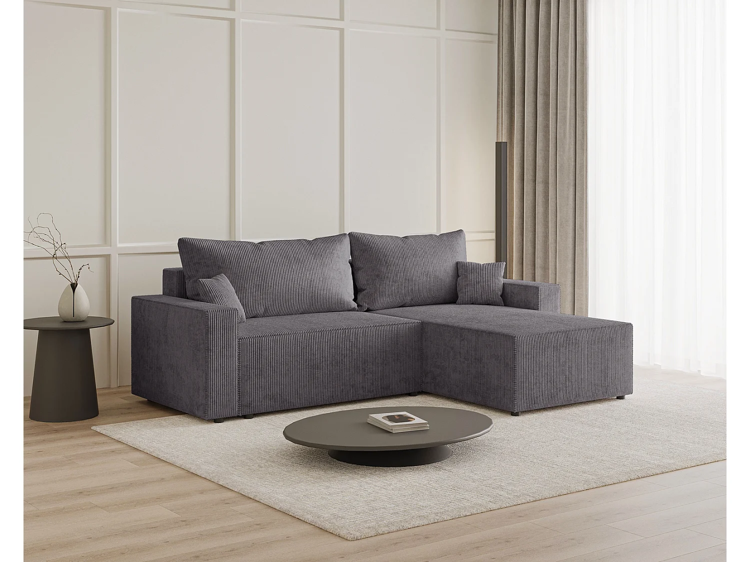 Hoekbank met slaapfunctie Lugo 250 cm, L-vorm, sofa, rechts, ribfluweel grijs
