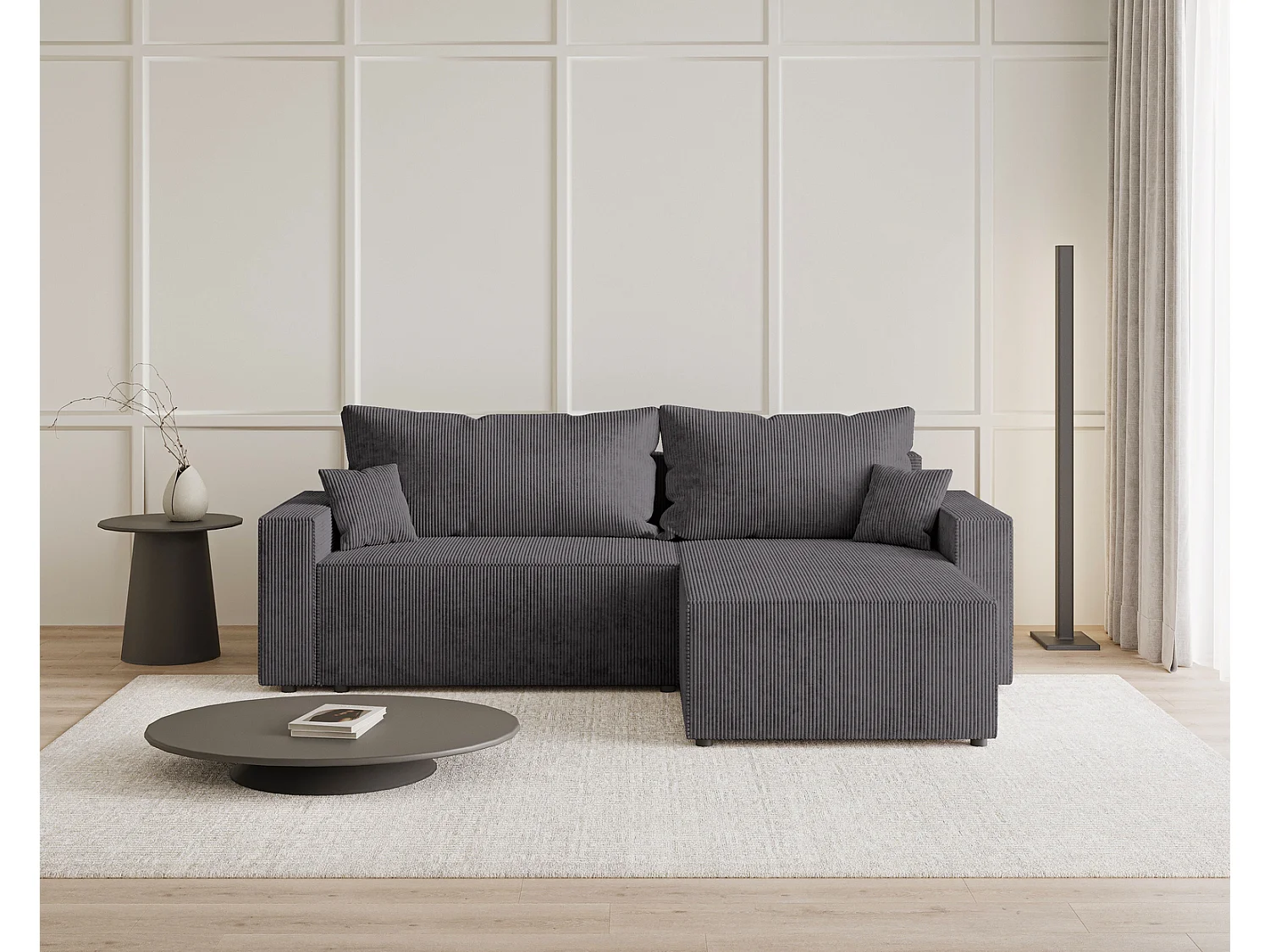 Hoekbank met slaapfunctie Lugo 250 cm, L-vorm, sofa, rechts, ribfluweel grijs