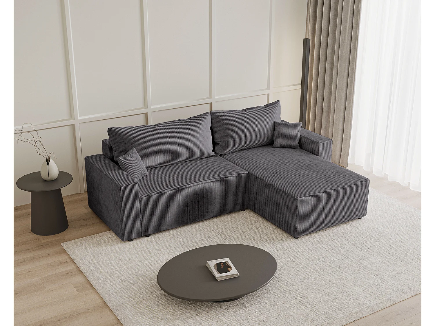 Hoekbank met slaapfunctie Lugo 250 cm, L-vorm, sofa, rechts, ribfluweel grijs