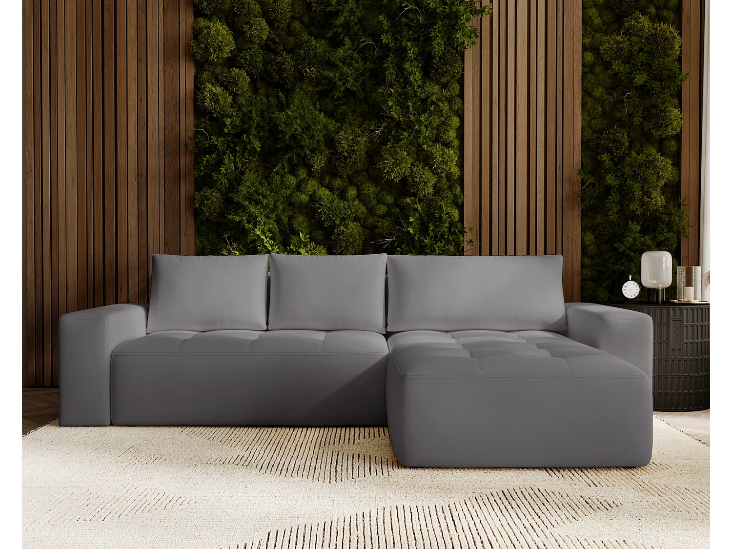 Canapé d'angle convertible 4 places avec rangement en tissu gris