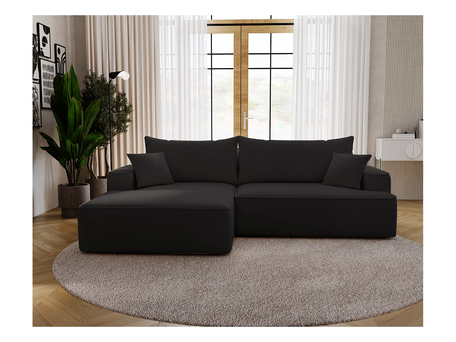 Emporius Dallas Canapé d'angle 270 cm, Convertible, Tissu Velours - Gauche, Noir (Komodo 23)