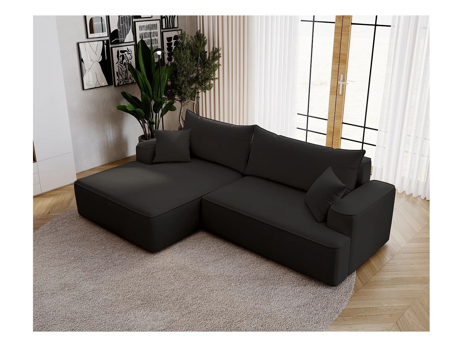 Emporius Dallas Canapé d'angle 270 cm, Convertible, Tissu Velours - Gauche, Noir (Komodo 23)