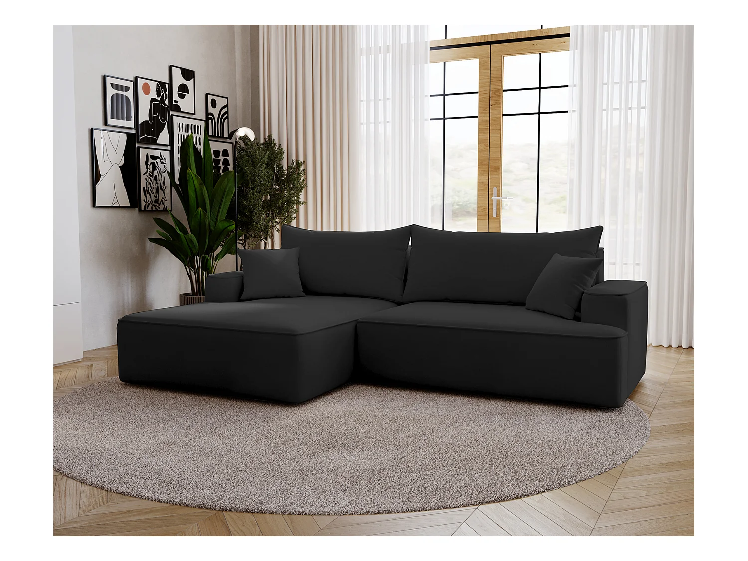 Emporius Dallas Canapé d'angle 270 cm, Convertible, Tissu Velours - Gauche, Noir (Komodo 23)