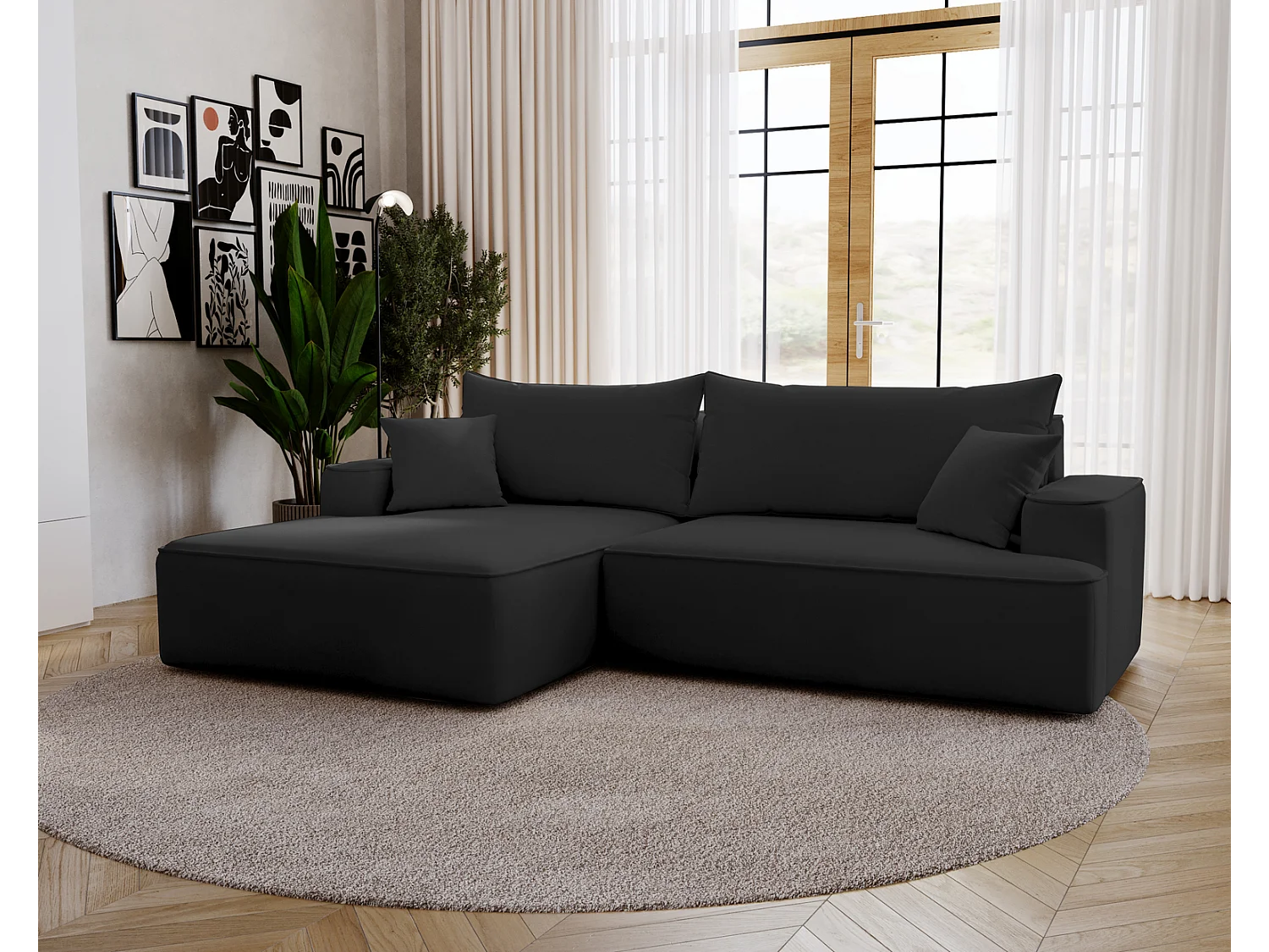 Emporius Dallas Hoekbank L-Vorm - slaapfunctie en bedlade, links - Sofa 250 cm, fluweel zwart (Komodo 23)