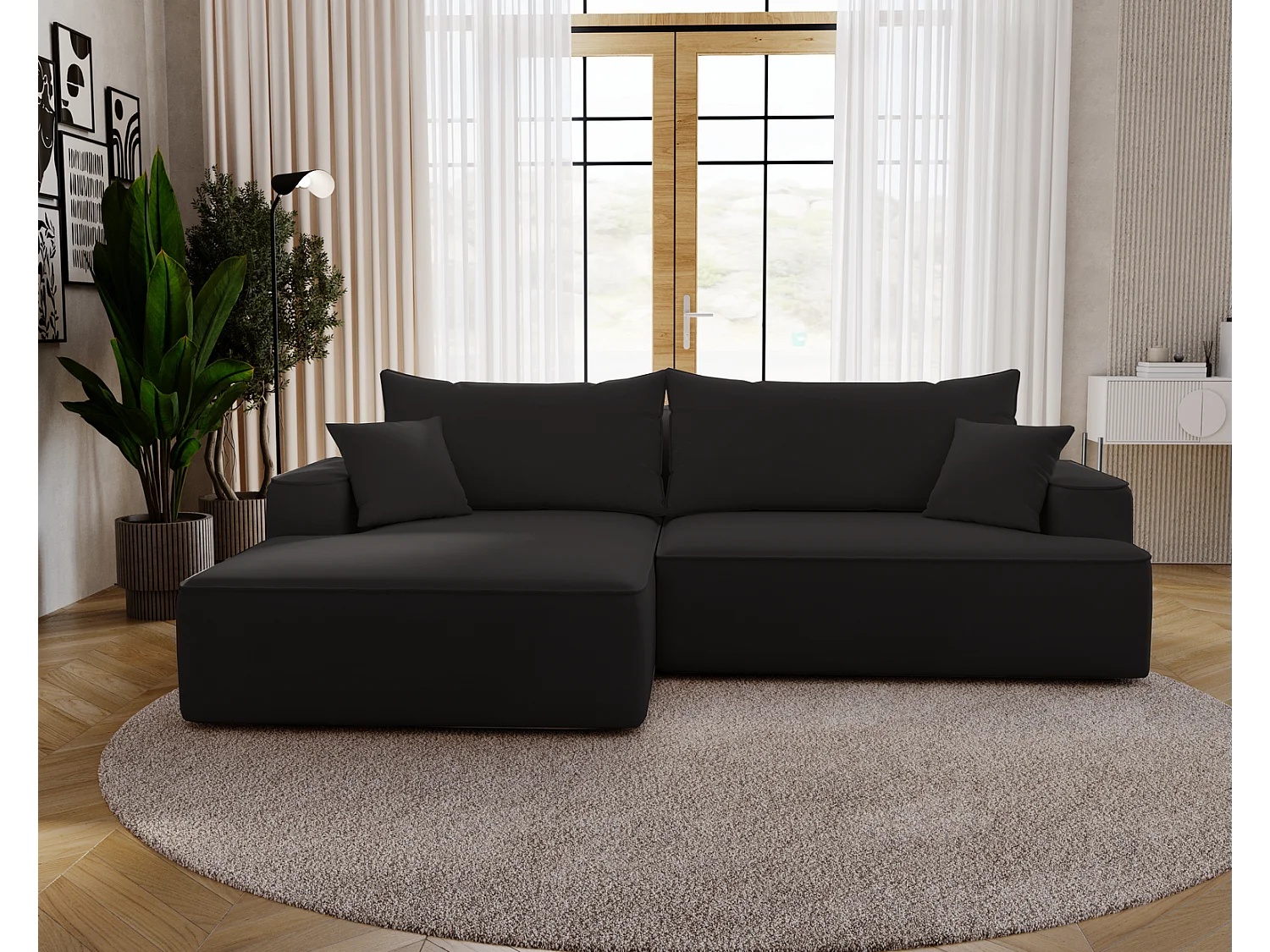 Emporius Dallas Hoekbank L-Vorm - slaapfunctie en bedlade, links - Sofa 250 cm, fluweel zwart (Komodo 23)