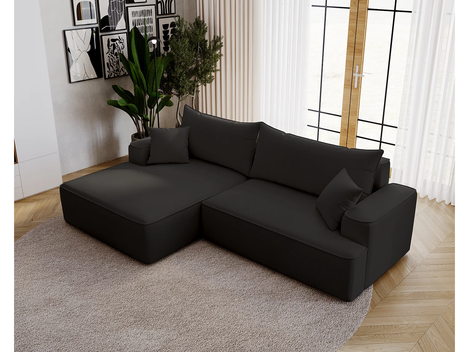 Emporius Dallas Hoekbank L-Vorm - slaapfunctie en bedlade, links - Sofa 250 cm, fluweel zwart (Komodo 23)