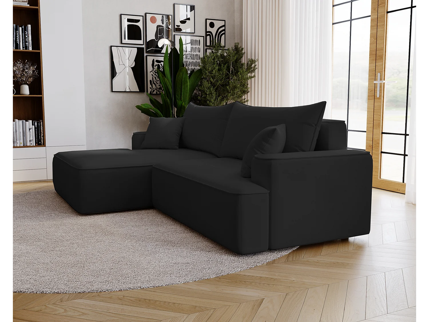 Emporius Dallas Hoekbank L-Vorm - slaapfunctie en bedlade, links - Sofa 250 cm, fluweel zwart (Komodo 23)