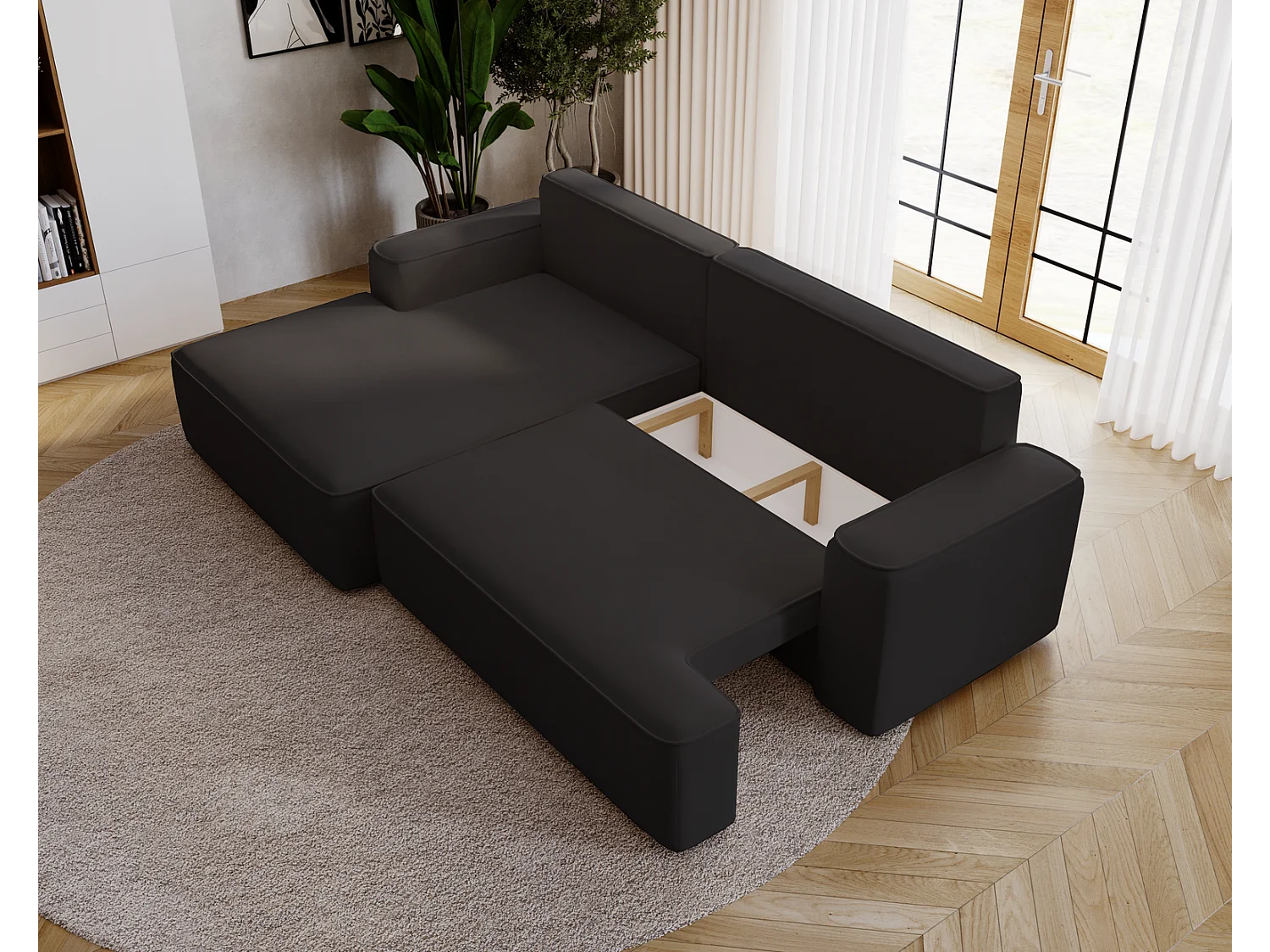 Emporius Dallas Hoekbank L-Vorm - slaapfunctie en bedlade, links - Sofa 250 cm, fluweel zwart (Komodo 23)