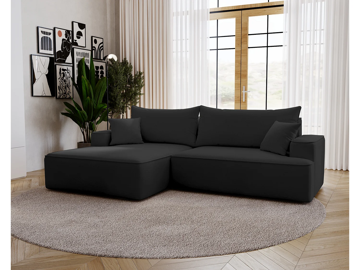 Canapé d'angle convertible Dallas, 270 cm, velours, gauche, noir