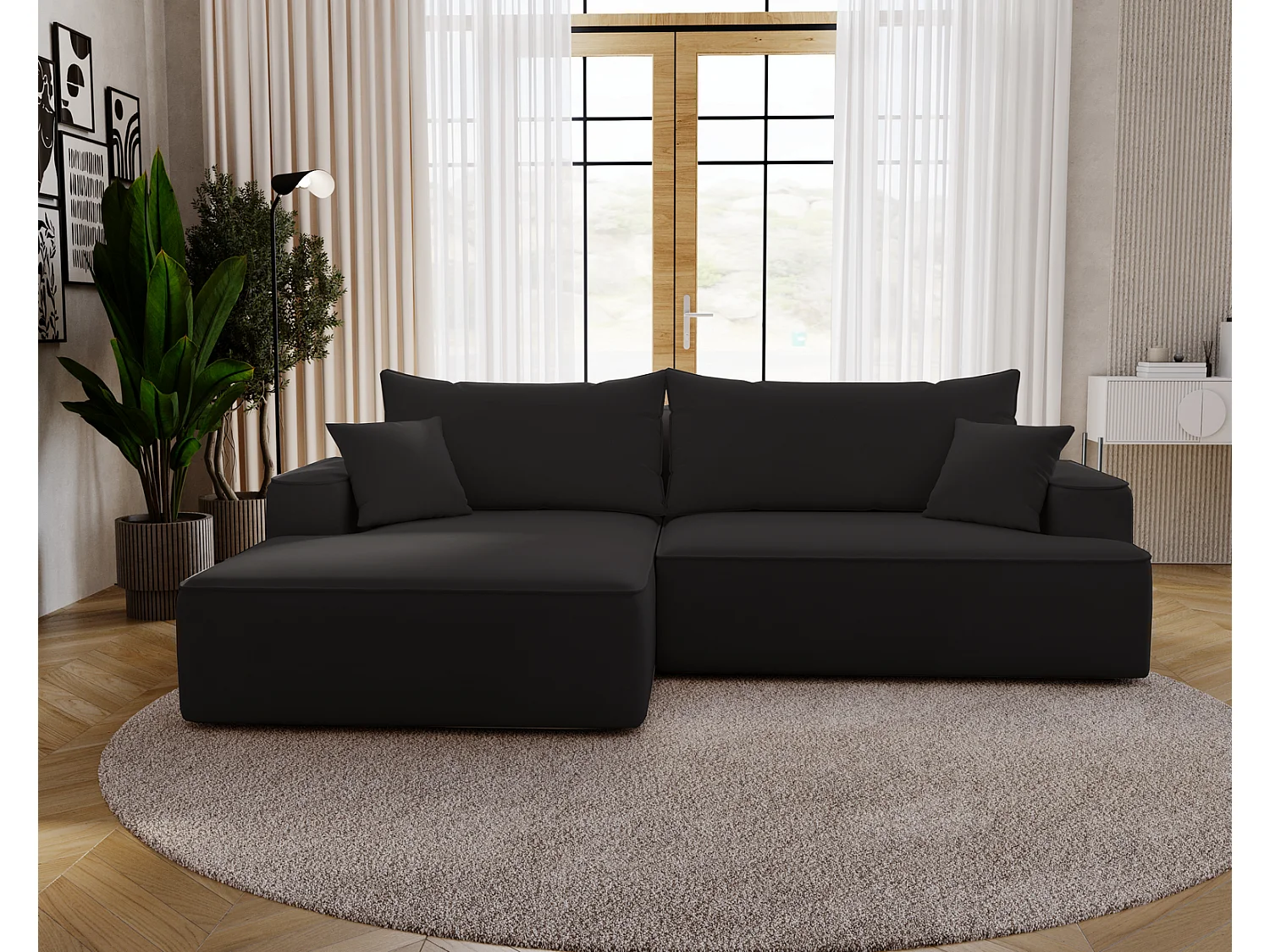 Canapé d'angle convertible Dallas, 270 cm, velours, gauche, noir