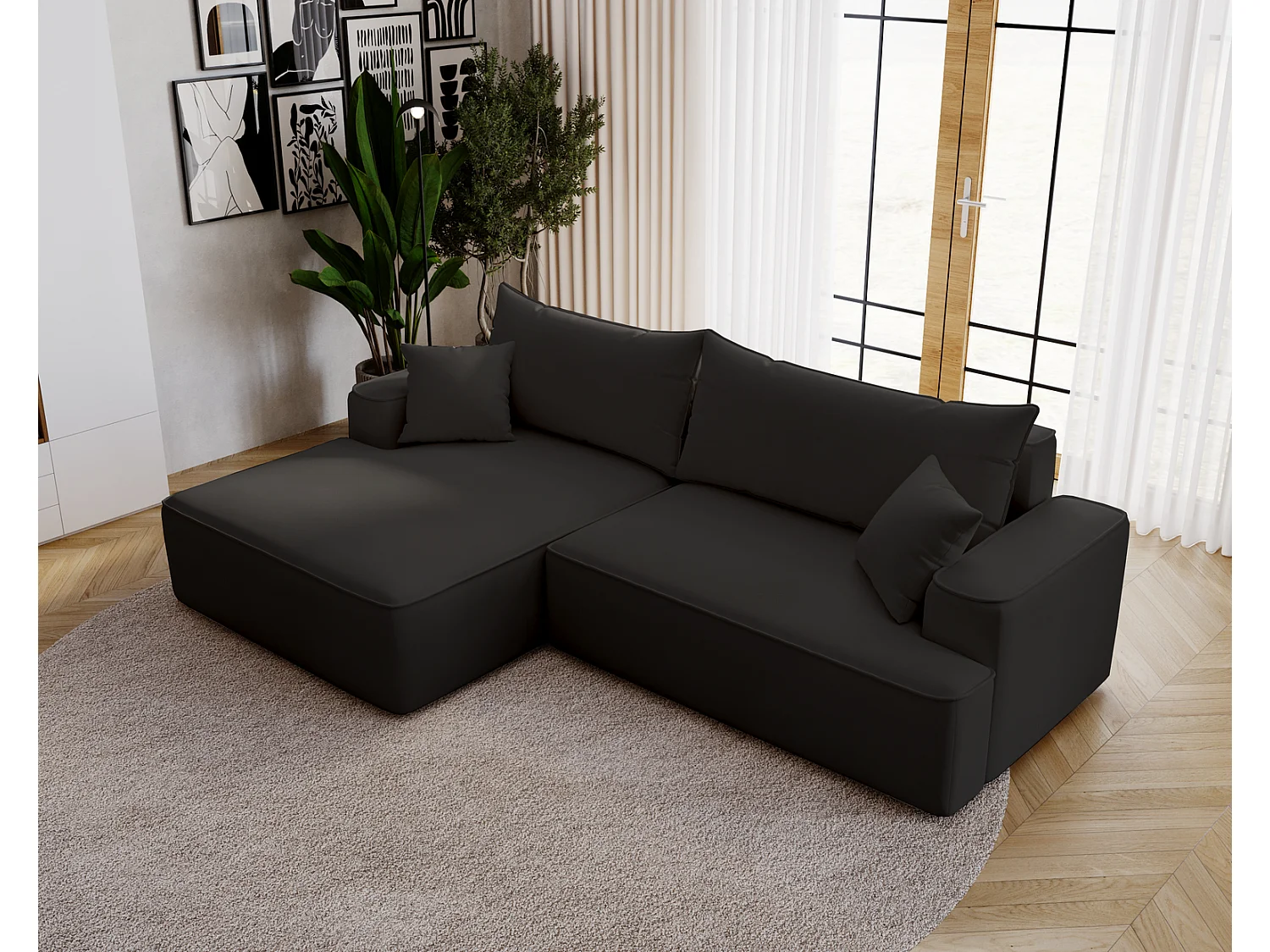 Canapé d'angle convertible Dallas, 270 cm, velours, gauche, noir
