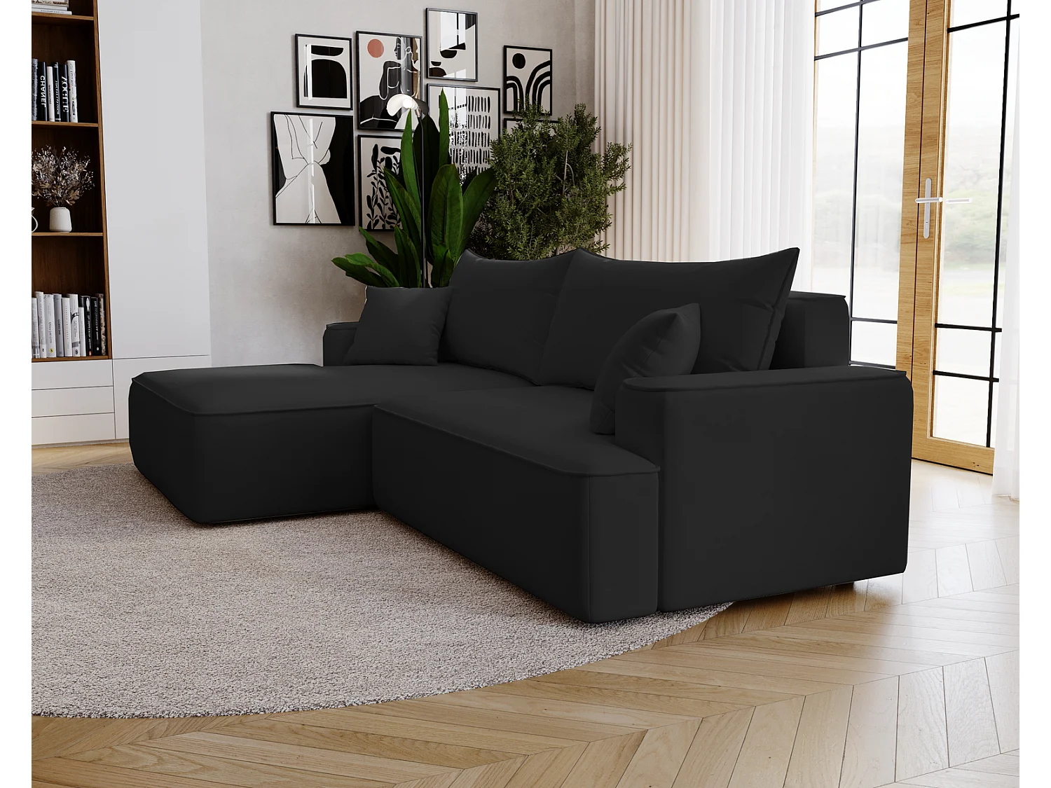 Canapé d'angle convertible Dallas, 270 cm, velours, gauche, noir